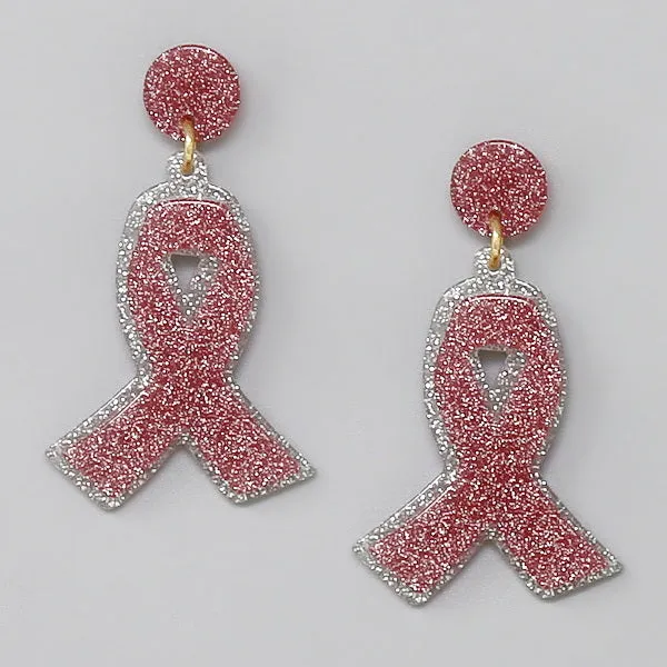 Breast Cancer Pink Ribbon Theme Dangle Earrings