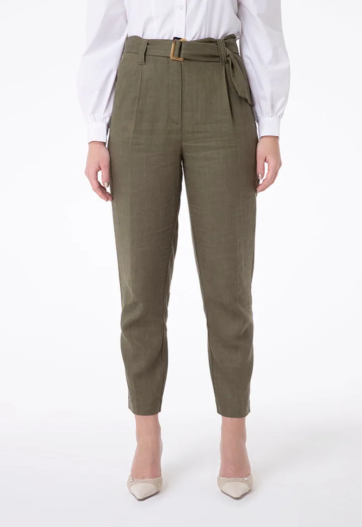 Buckle Belted Linen Trouser