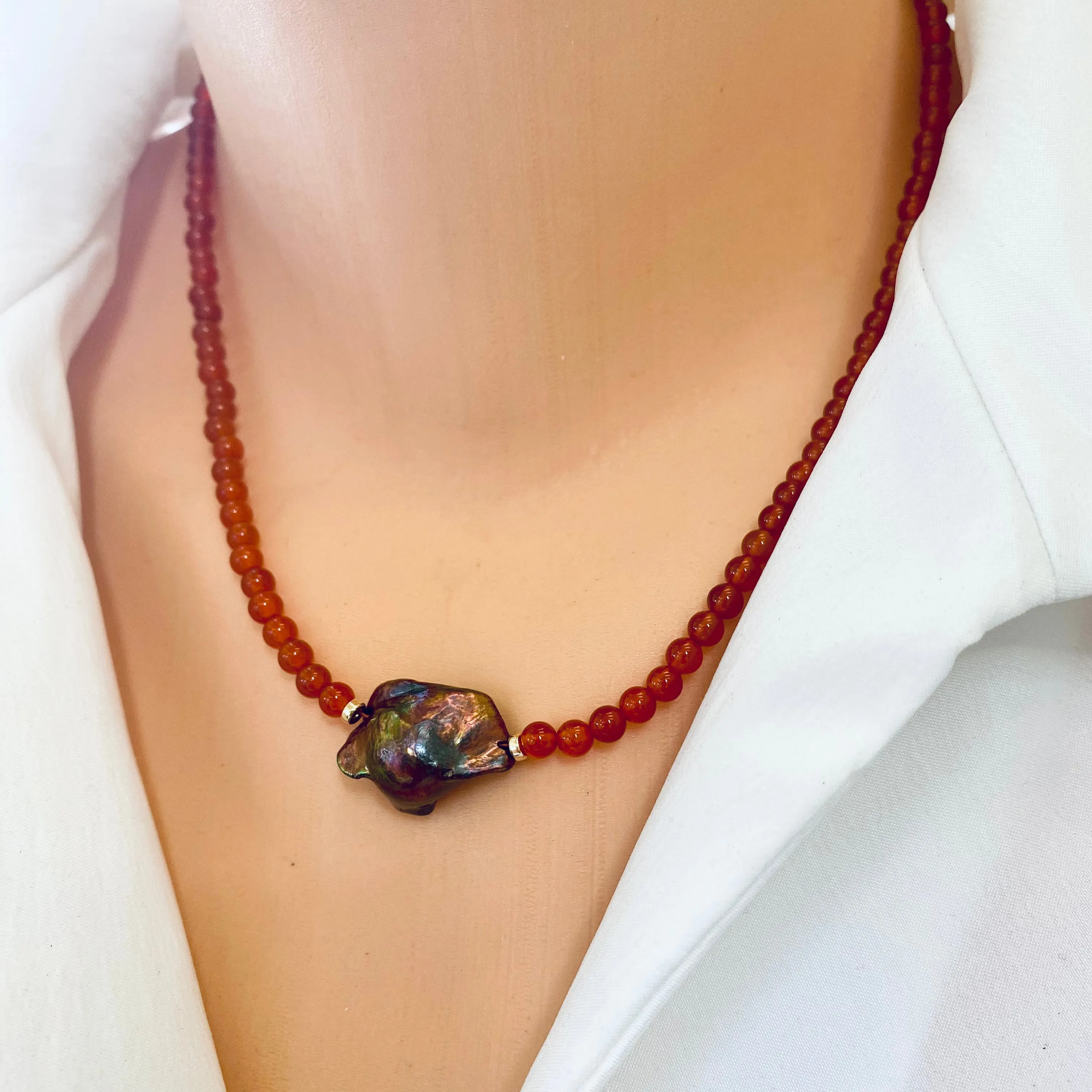 Burnt Orange Carnelian Beaded Necklace Chain with Fresh Water Peacock Baroque Pearl, Gold Filled, 16.5inches