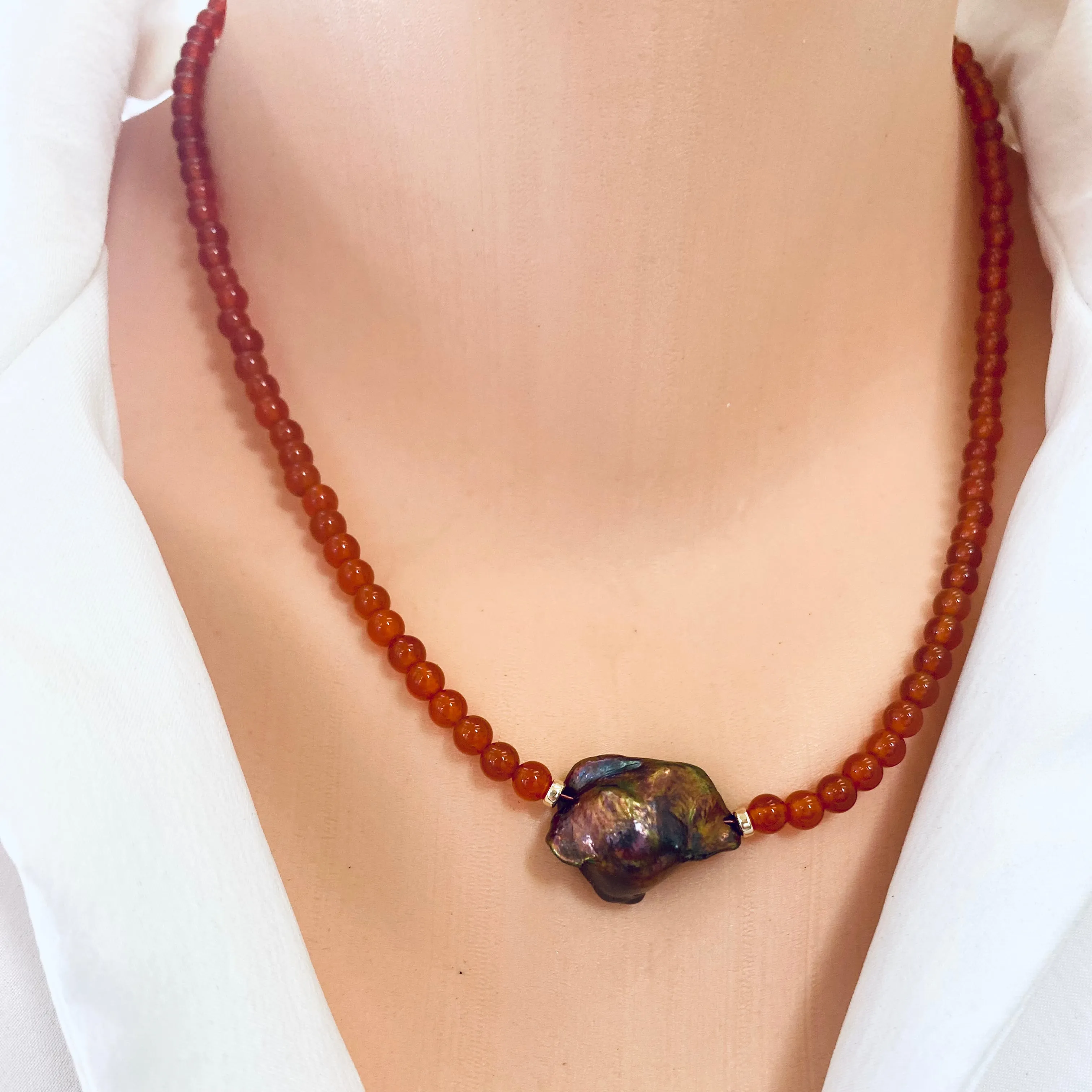 Burnt Orange Carnelian Beaded Necklace Chain with Fresh Water Peacock Baroque Pearl, Gold Filled, 16.5inches