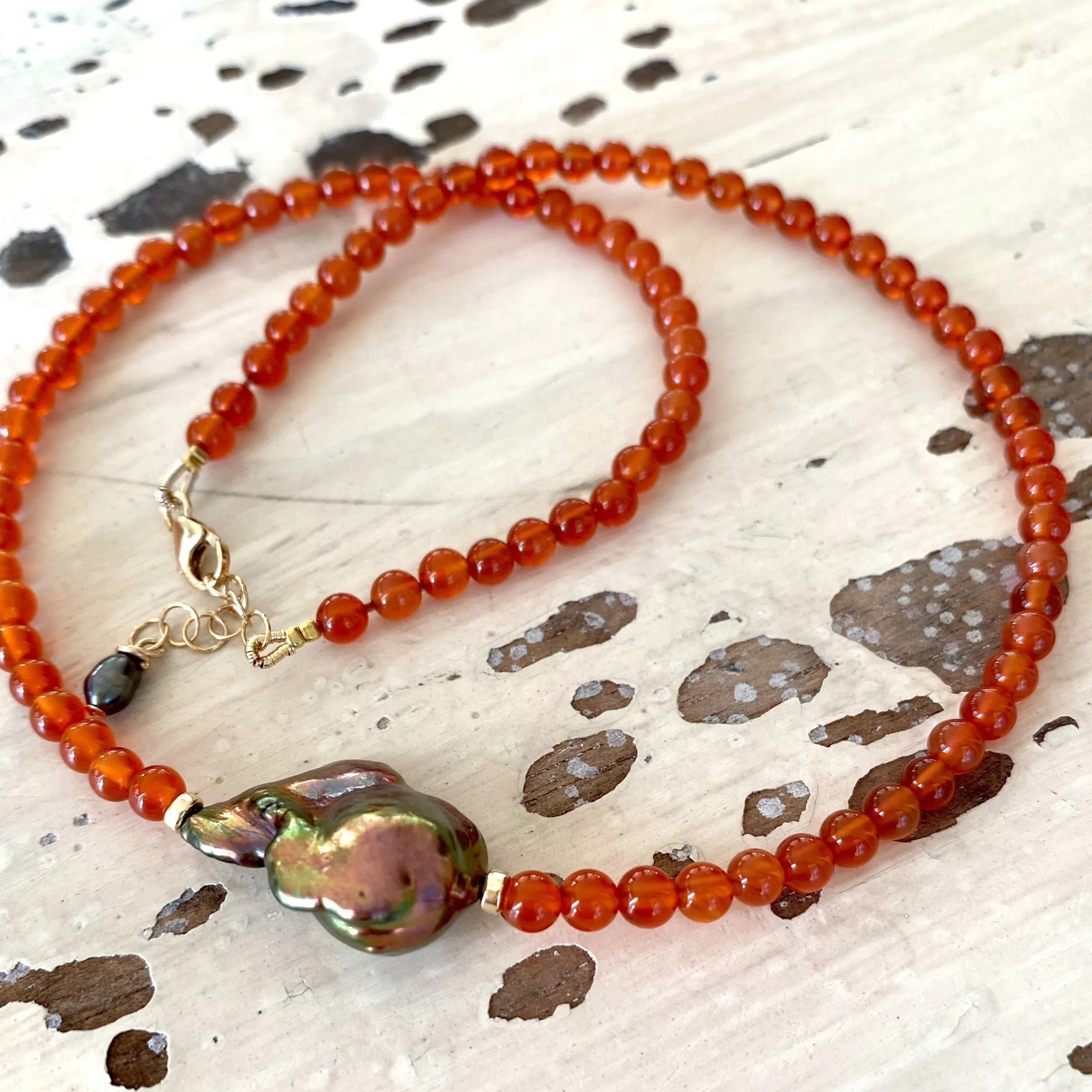 Burnt Orange Carnelian Beaded Necklace Chain with Fresh Water Peacock Baroque Pearl, Gold Filled, 16.5inches