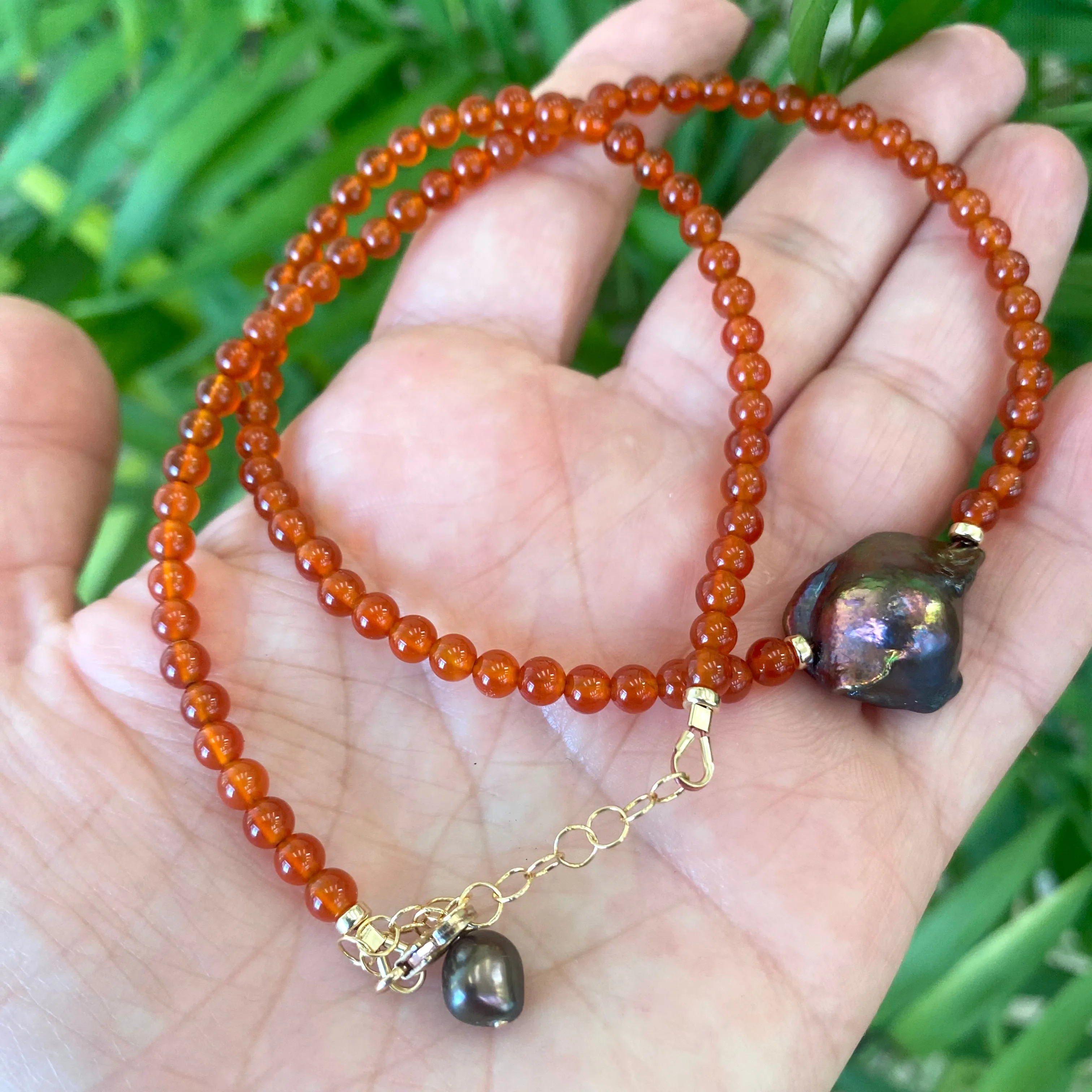 Burnt Orange Carnelian Beaded Necklace Chain with Fresh Water Peacock Baroque Pearl, Gold Filled, 16.5inches