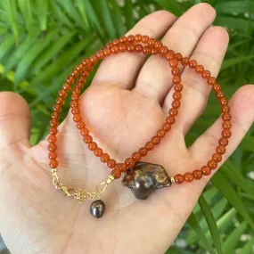 Burnt Orange Carnelian Beaded Necklace Chain with Fresh Water Peacock Baroque Pearl, Gold Filled, 16.5inches