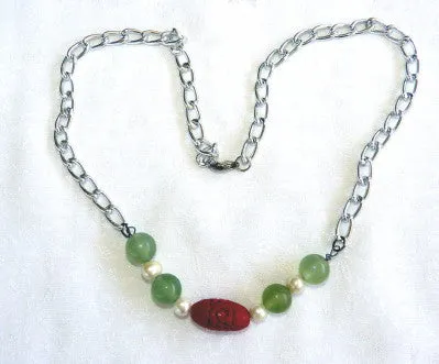 Chinese Jade, Pearls and Carved Red Clay Necklace (NJNECK59)