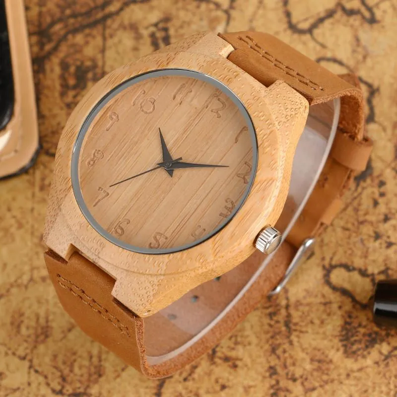 Clean Analog Luxury Wooden Watch with Genuine Leather Band