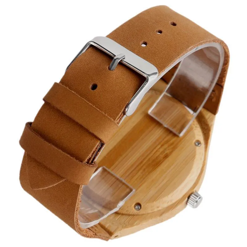 Clean Analog Luxury Wooden Watch with Genuine Leather Band