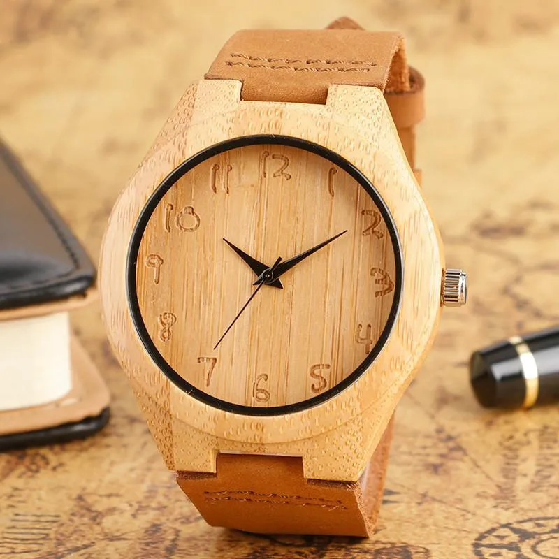 Clean Analog Luxury Wooden Watch with Genuine Leather Band