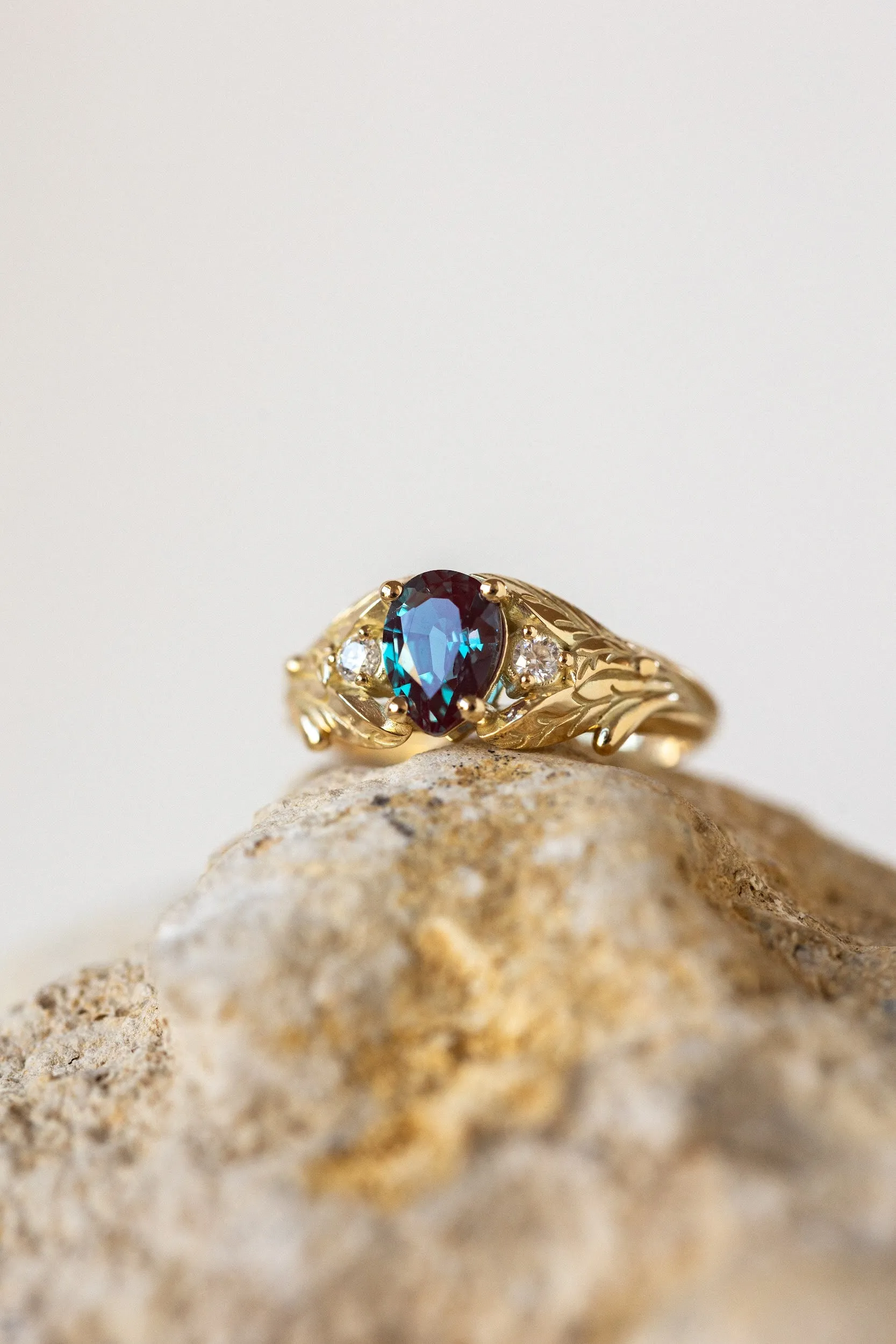 Colour changing alexandrite engagement ring with accent diamonds, gold leaf proposal ring / Wisteria