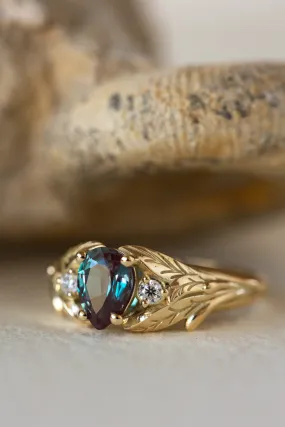 Colour changing alexandrite engagement ring with accent diamonds, gold leaf proposal ring / Wisteria