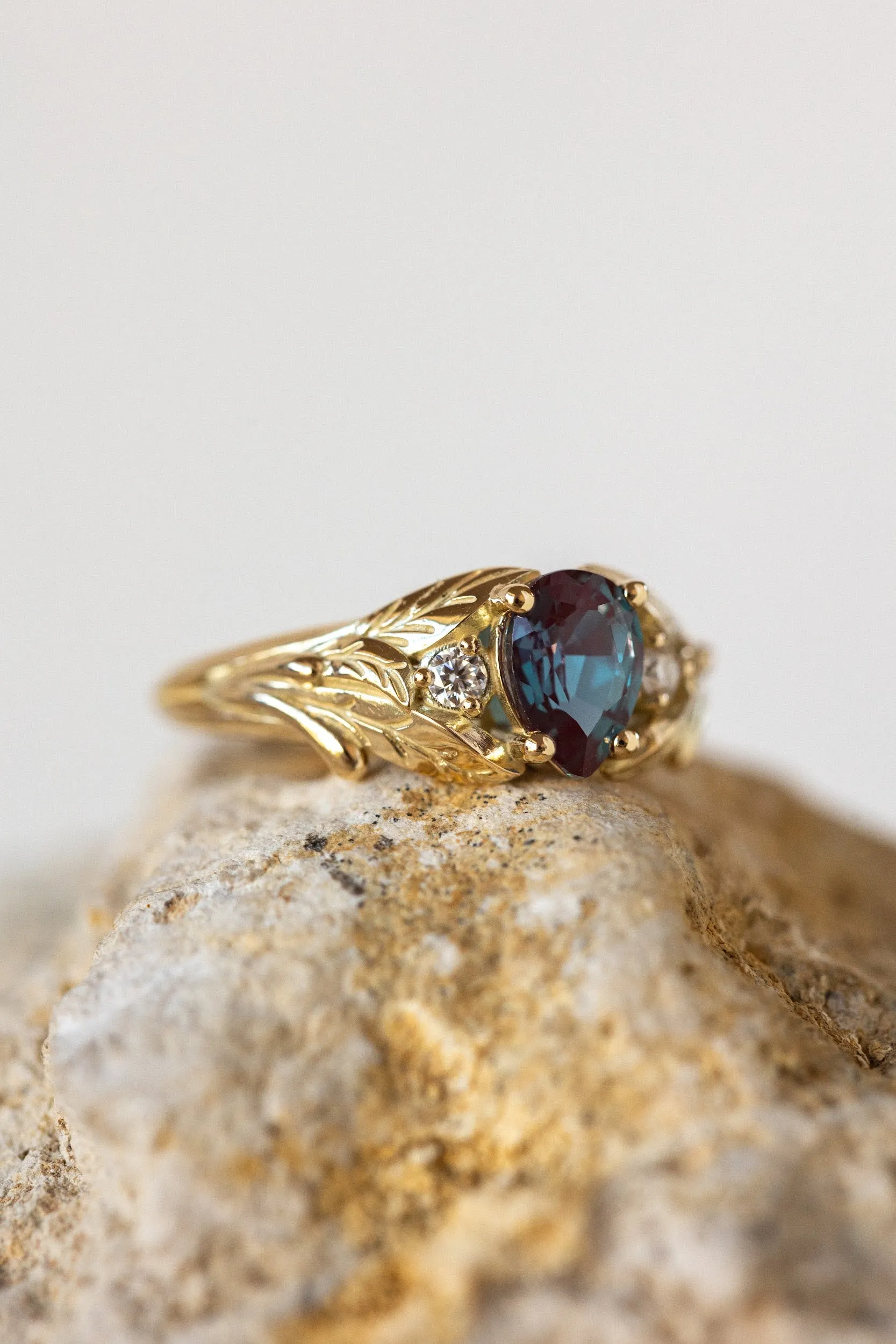 Colour changing alexandrite engagement ring with accent diamonds, gold leaf proposal ring / Wisteria