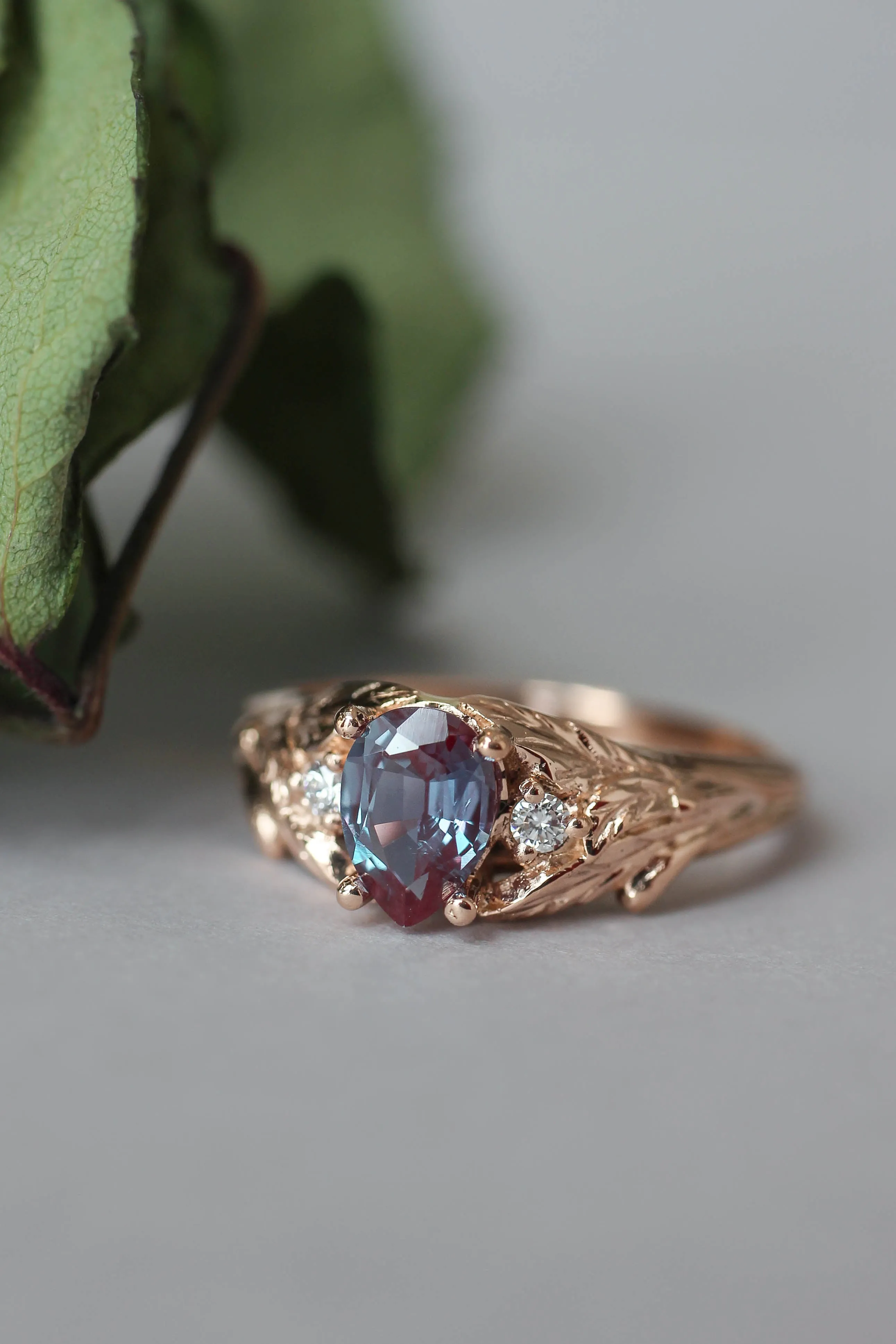 Colour changing alexandrite engagement ring with accent diamonds, gold leaf proposal ring / Wisteria