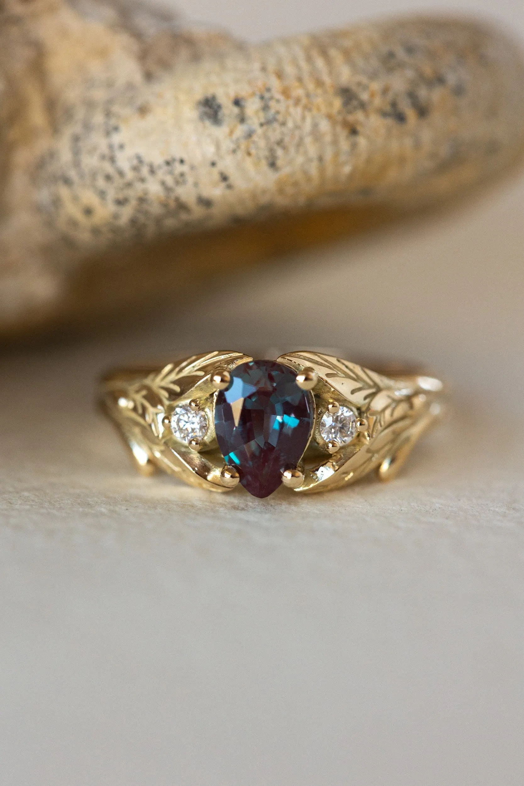 Colour changing alexandrite engagement ring with accent diamonds, gold leaf proposal ring / Wisteria