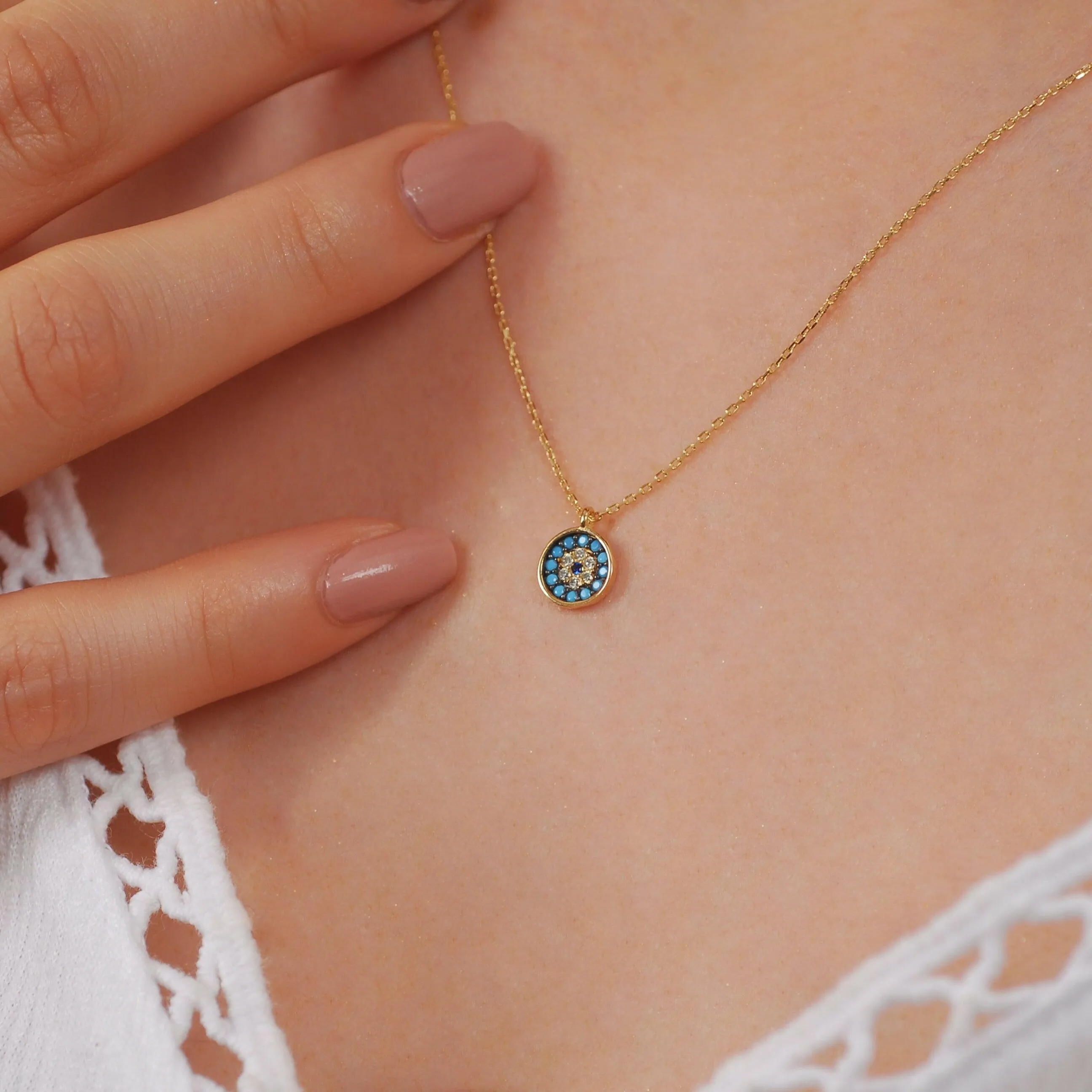 Dainty Evil Eye Necklace | 14K Solid Gold