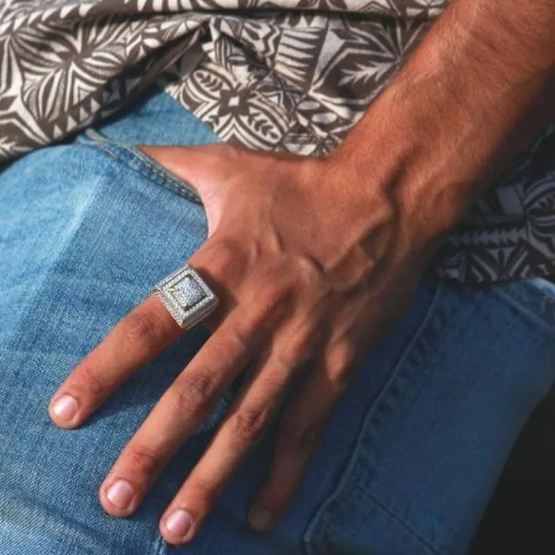 Double Layers Square Iced Out Ring