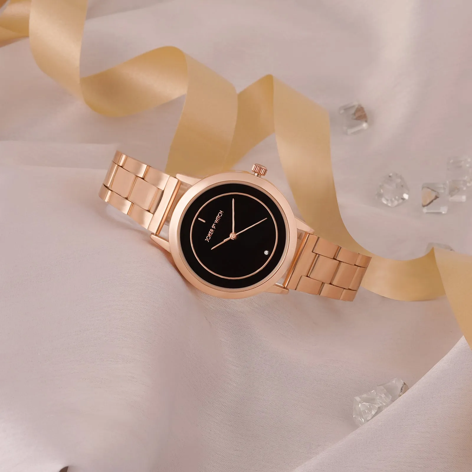 Eclipse Black Dial Rosegold Metallic Strap Watch