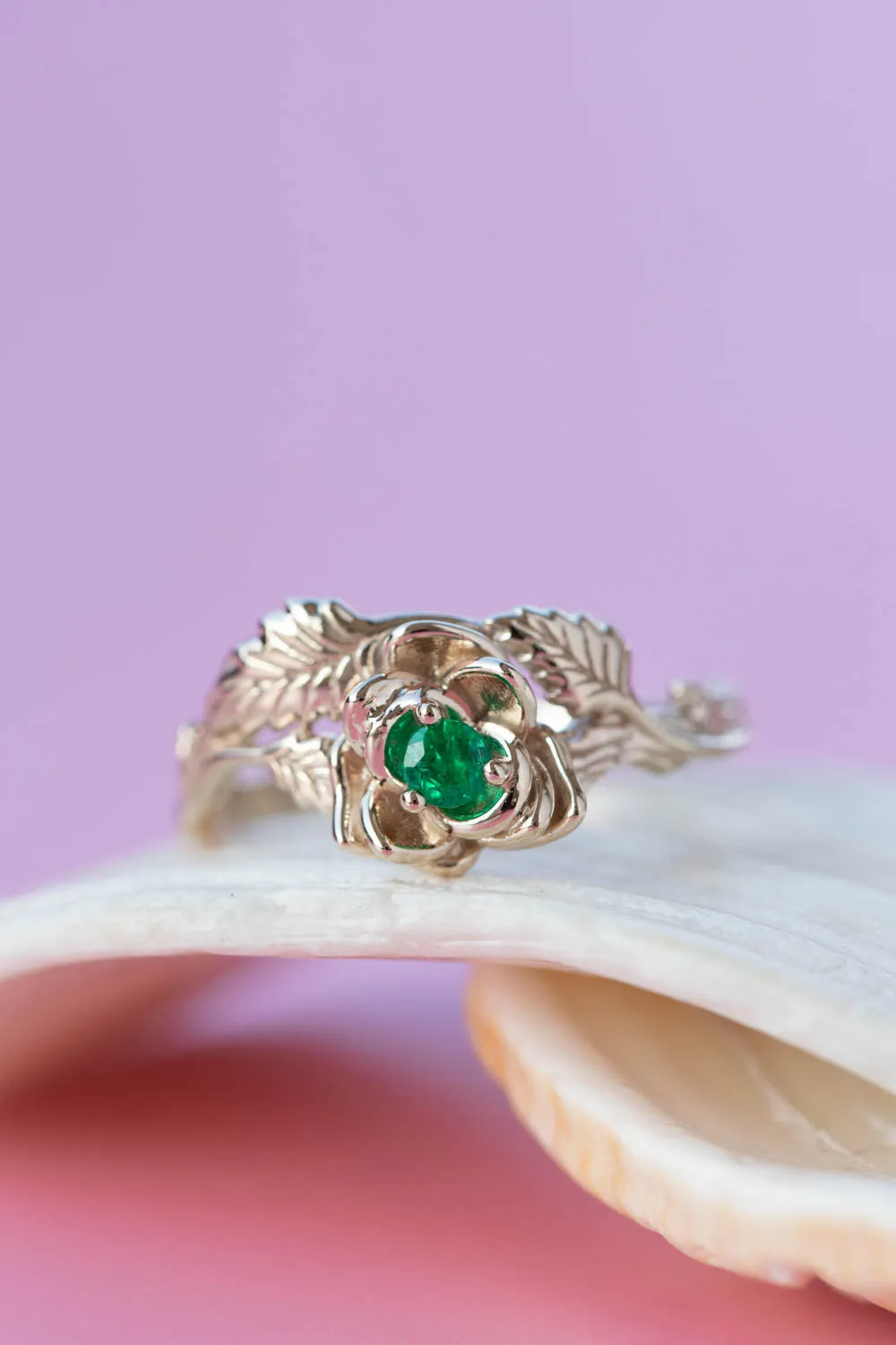 Emerald rose shaped engagement ring, white gold flower proposal ring / Blooming Rose