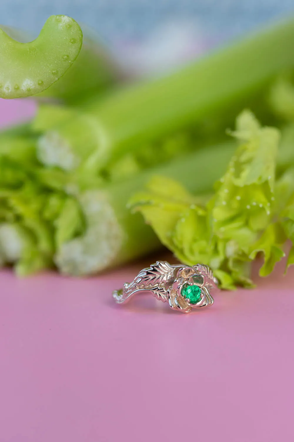 Emerald rose shaped engagement ring, white gold flower proposal ring / Blooming Rose