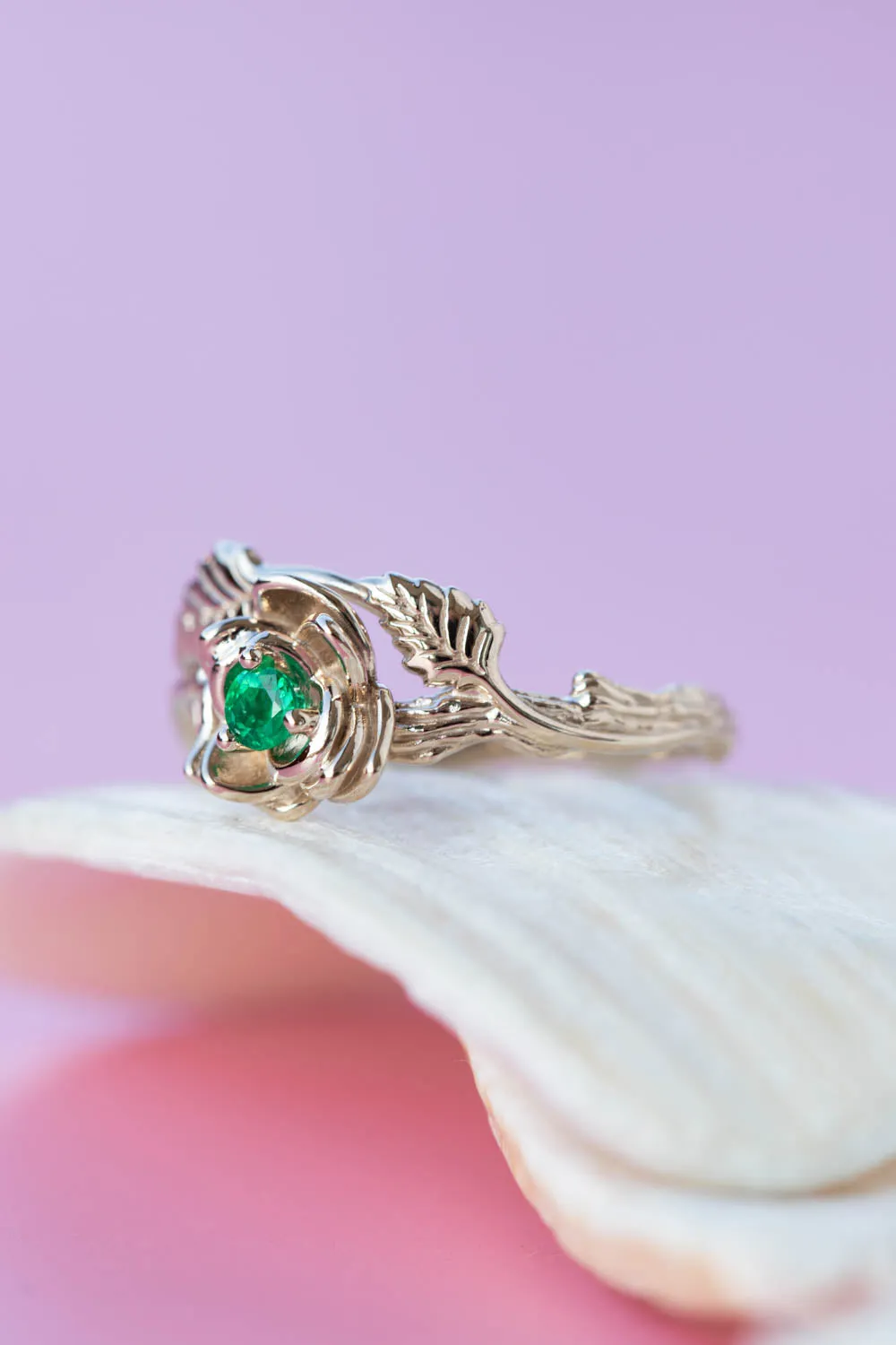 Emerald rose shaped engagement ring, white gold flower proposal ring / Blooming Rose