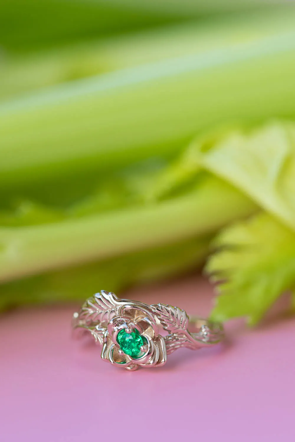 Emerald rose shaped engagement ring, white gold flower proposal ring / Blooming Rose