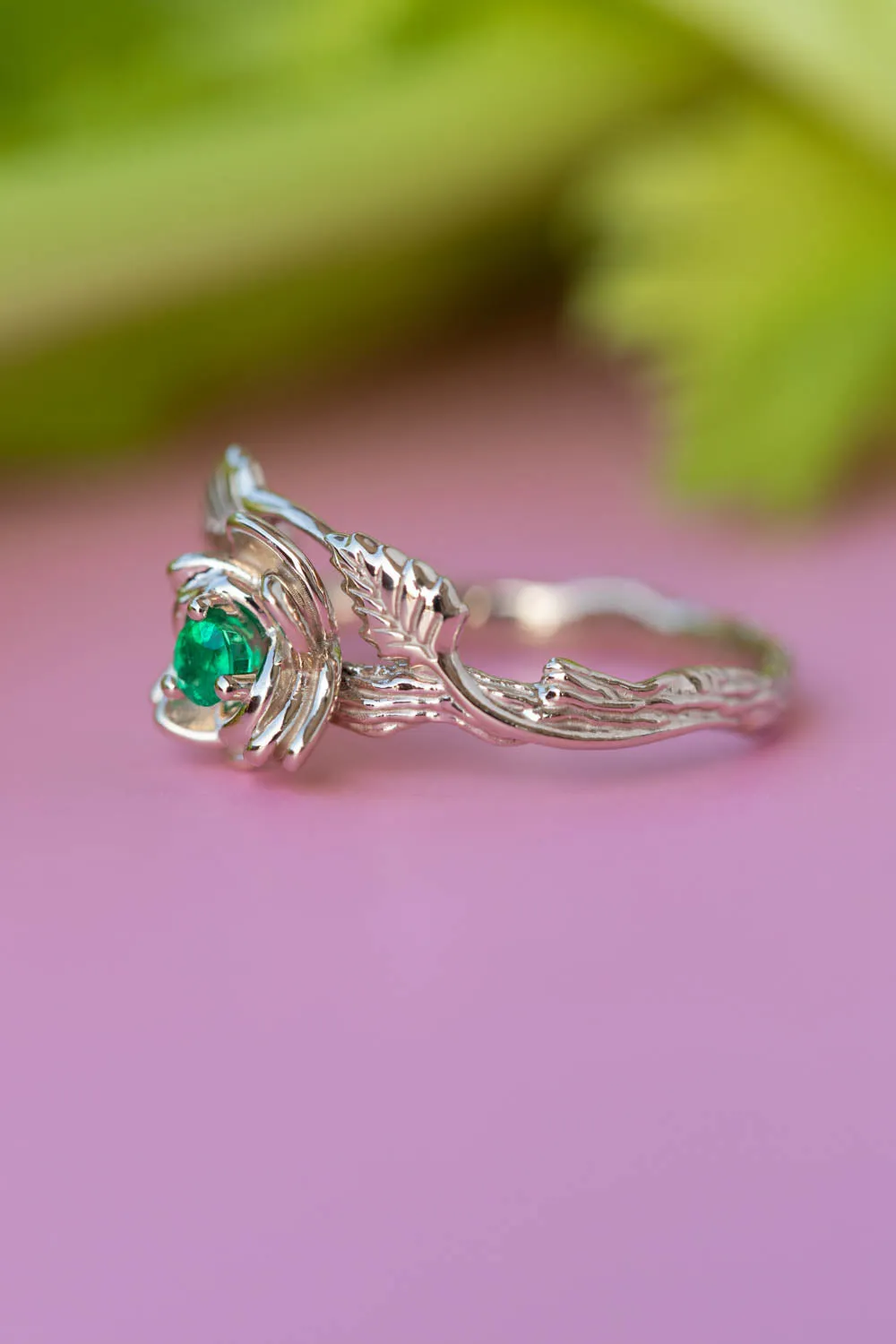 Emerald rose shaped engagement ring, white gold flower proposal ring / Blooming Rose