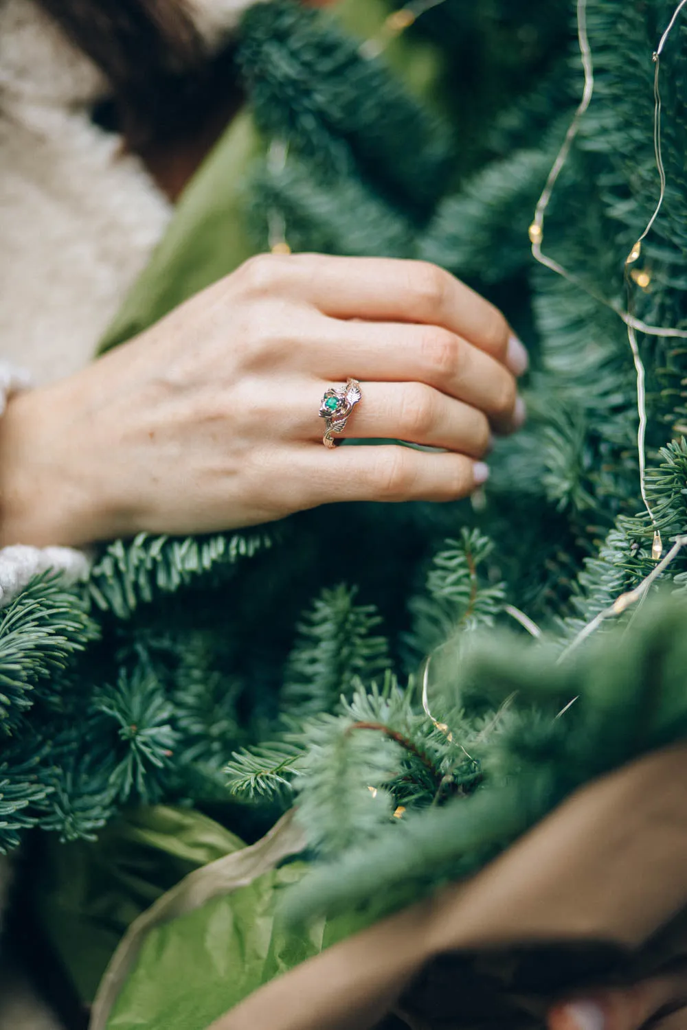 Emerald rose shaped engagement ring, white gold flower proposal ring / Blooming Rose