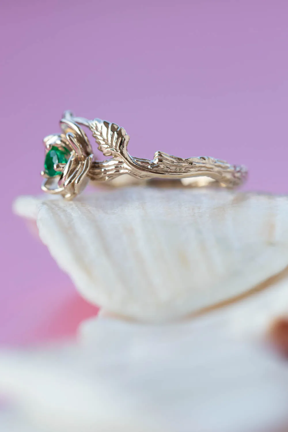 Emerald rose shaped engagement ring, white gold flower proposal ring / Blooming Rose