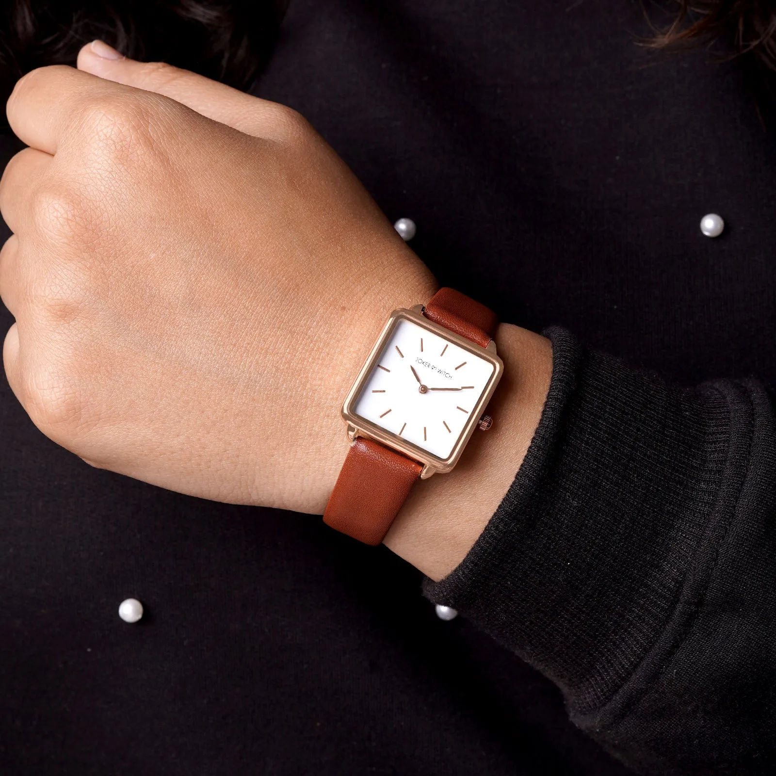 Emily Square White Dial Rosegold & Brown Strap Watch