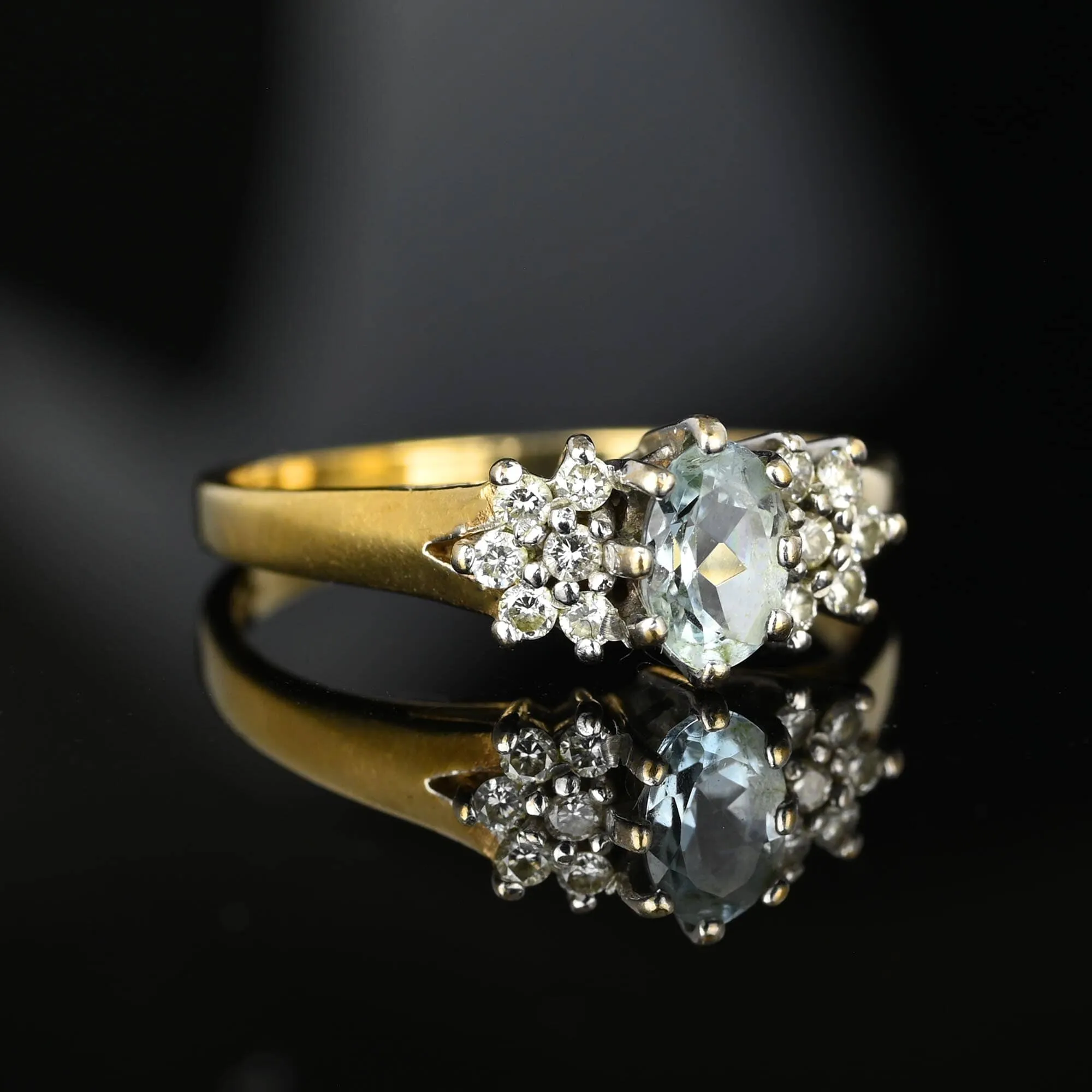 Estate Diamond Cluster Aquamarine Ring in Gold