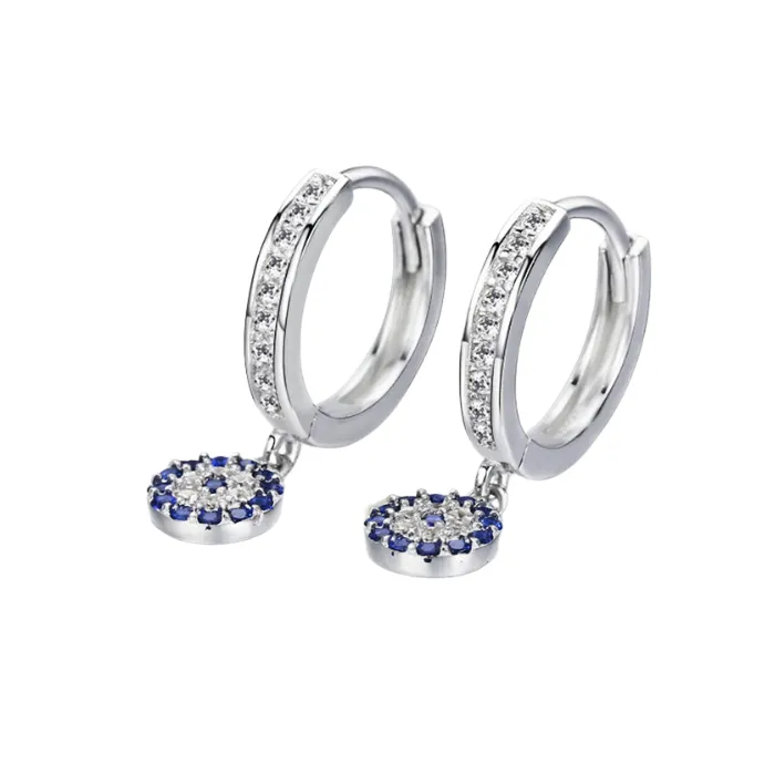 Evil Eye Dangle Crystal Mini Hoop Earrings Sterling Silver