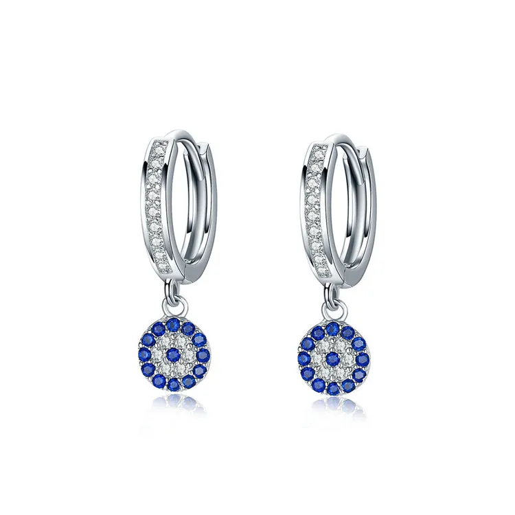 Evil Eye Dangle Crystal Mini Hoop Earrings Sterling Silver