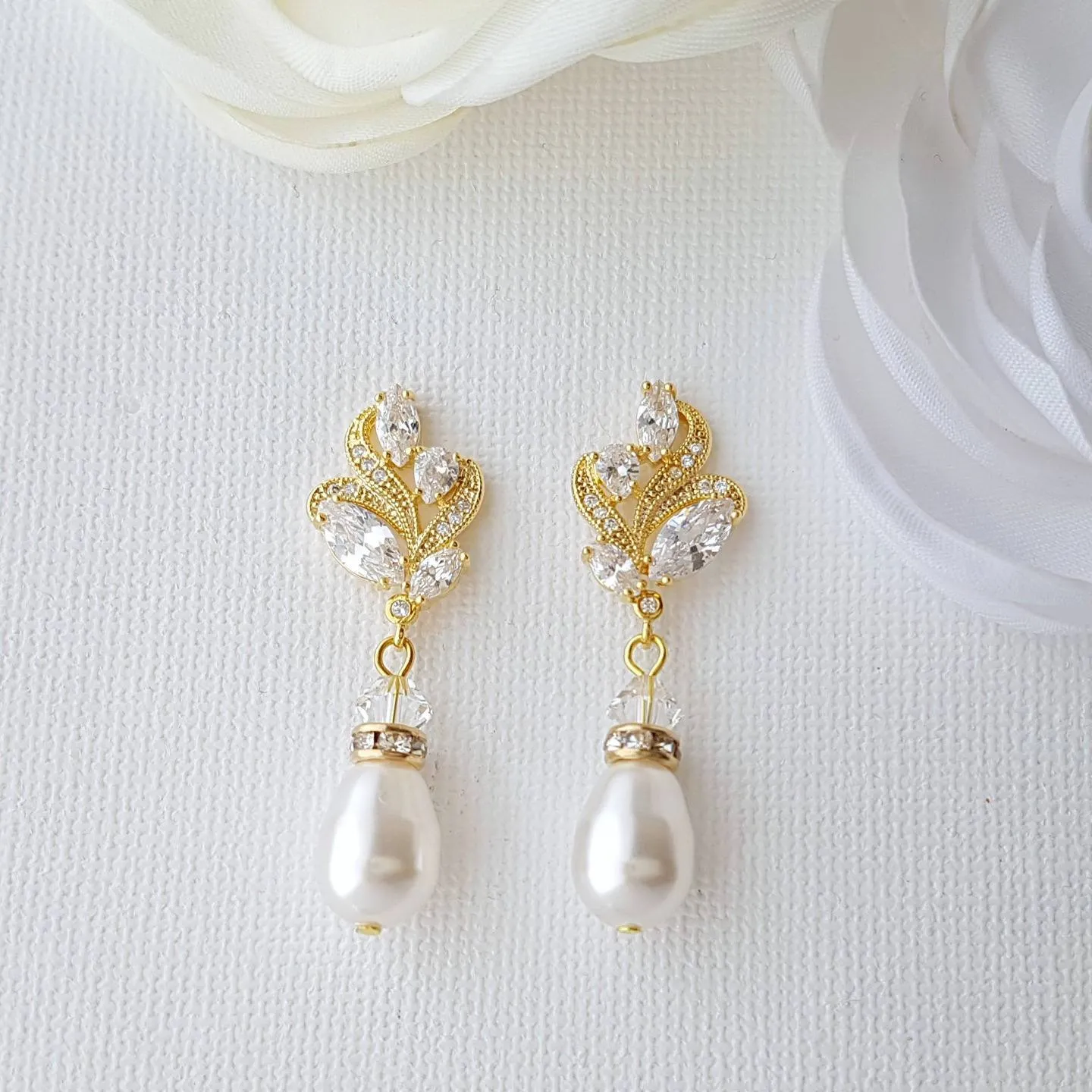 Gold Bridal Earrings With Pearl Drops-Wavy