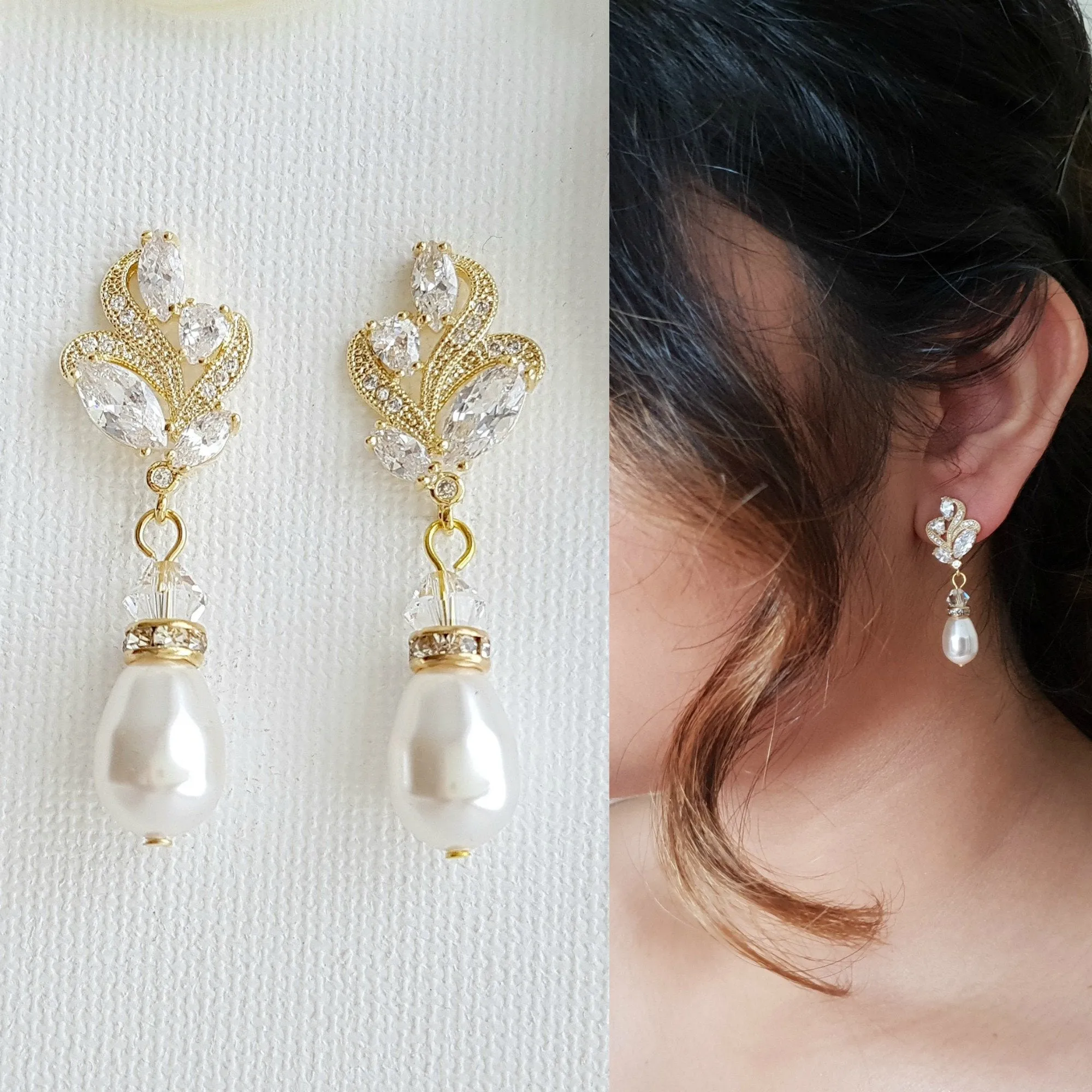 Gold Bridal Earrings With Pearl Drops-Wavy