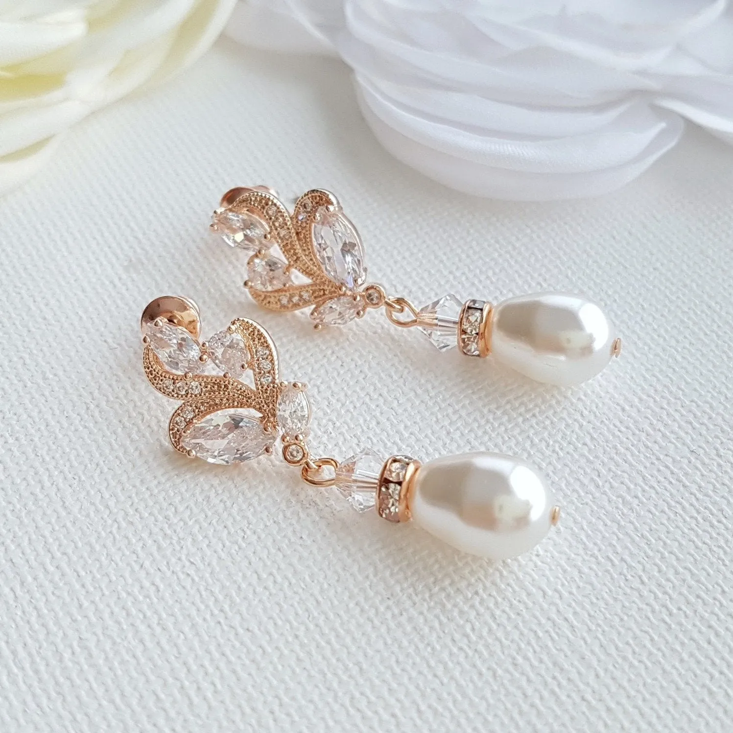 Gold Bridal Earrings With Pearl Drops-Wavy