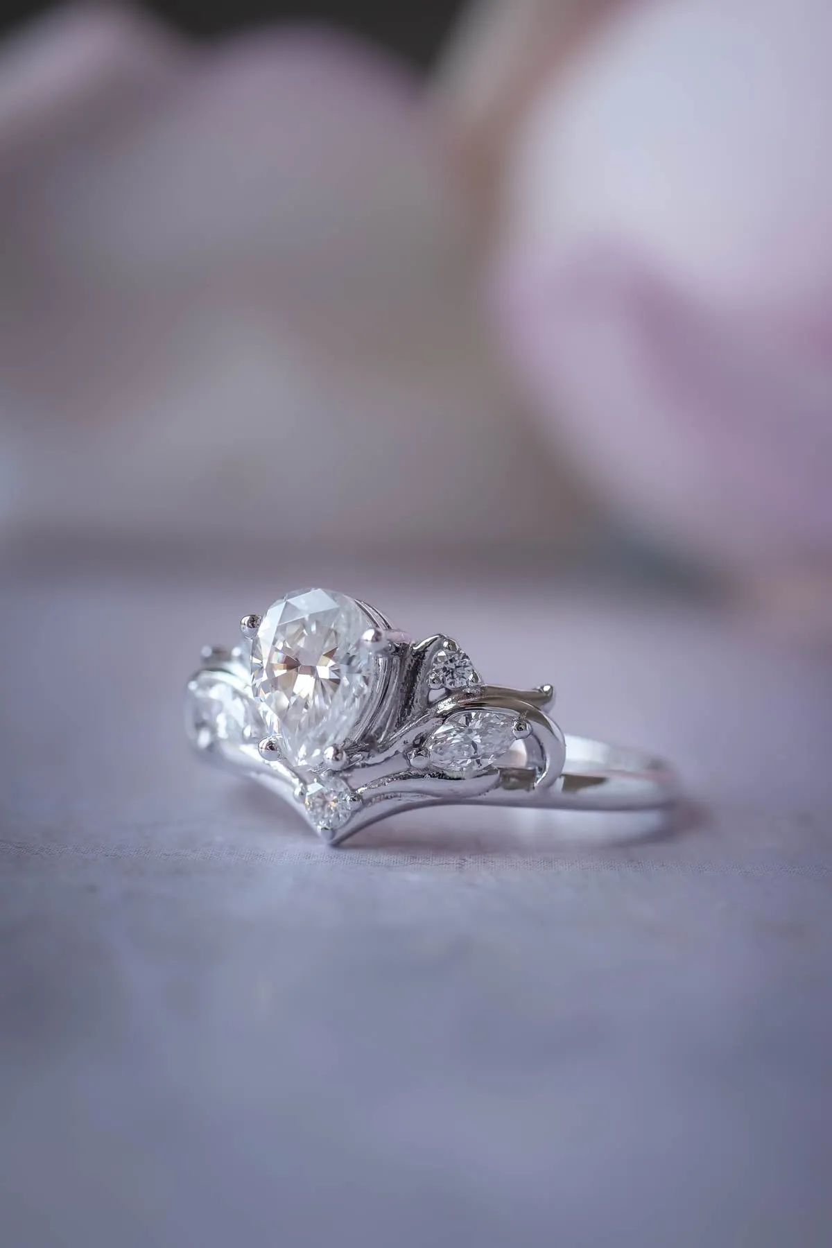 Gold ring with pear cut moissanite, white proposal ring / Swanlake