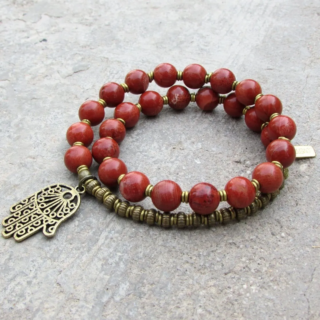 Grounding, Root Chakra, Genuine Red Jasper 27 Bead Mala Bracelet with Hamsa Hand