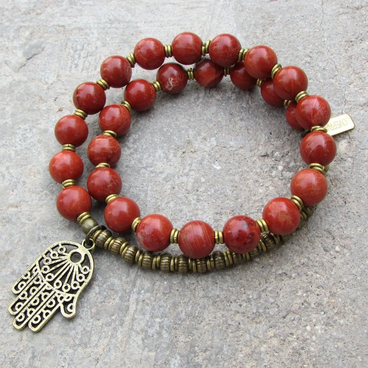 Grounding, Root Chakra, Genuine Red Jasper 27 Bead Mala Bracelet with Hamsa Hand