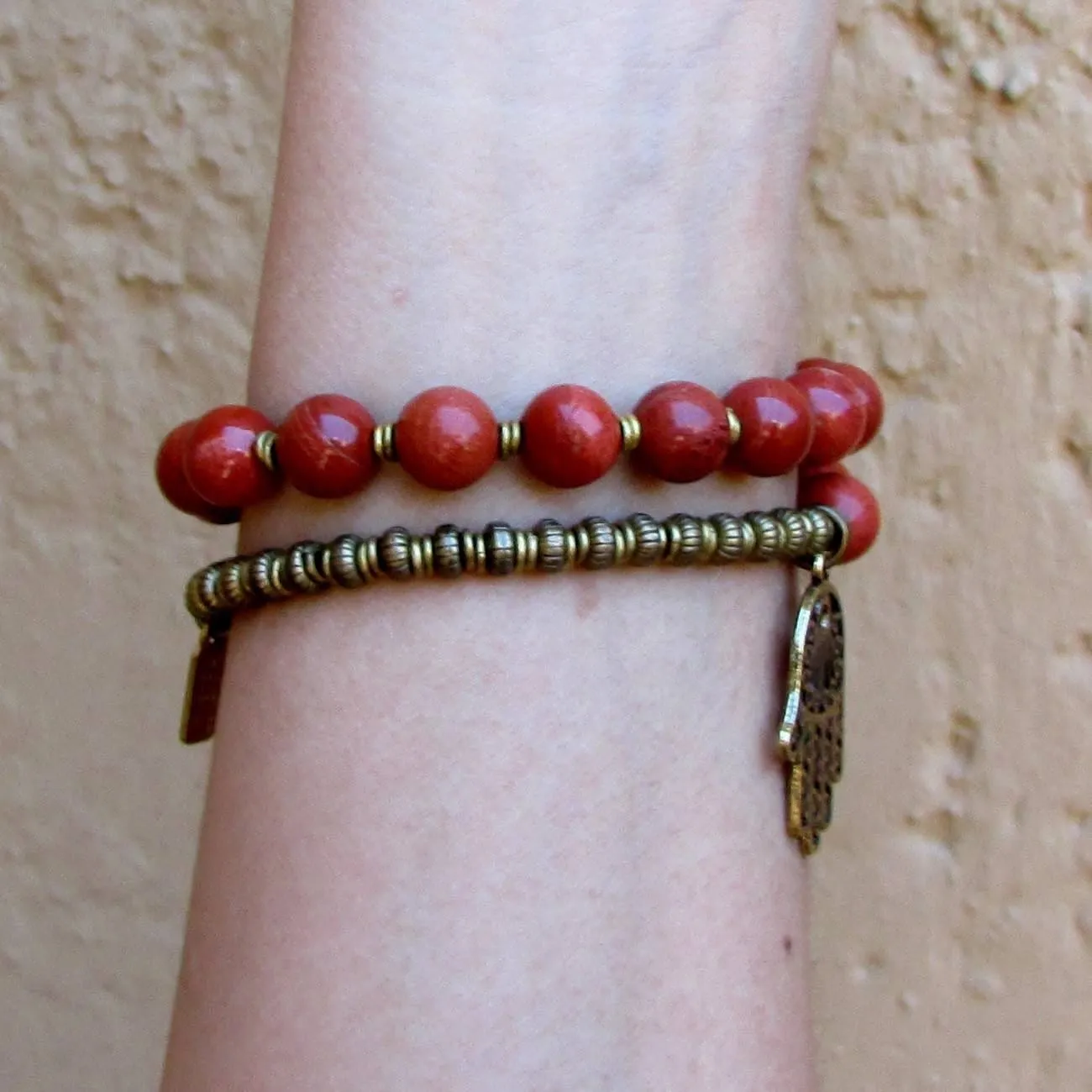 Grounding, Root Chakra, Genuine Red Jasper 27 Bead Mala Bracelet with Hamsa Hand