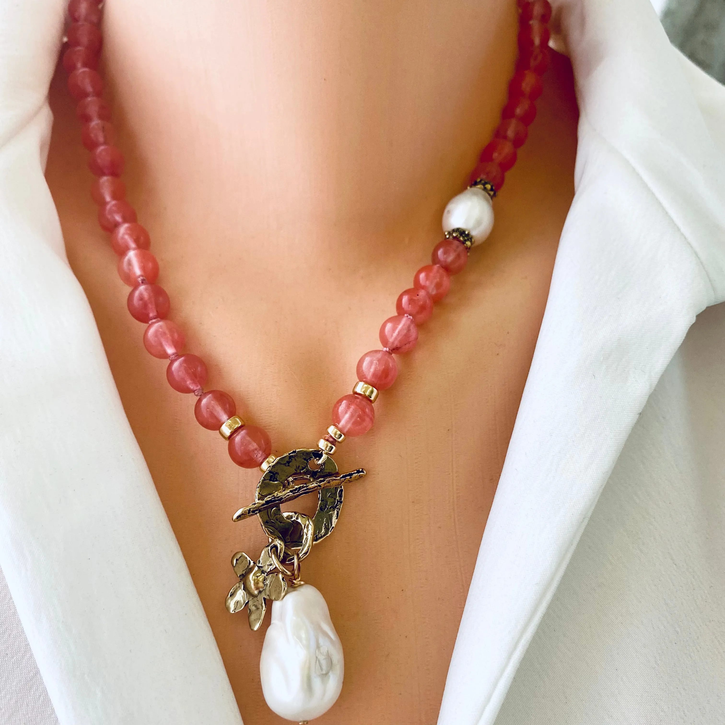 Hand Knotted Cherry Quartz & Baroque Pearls Necklace, Gold Bronze, 18.5in