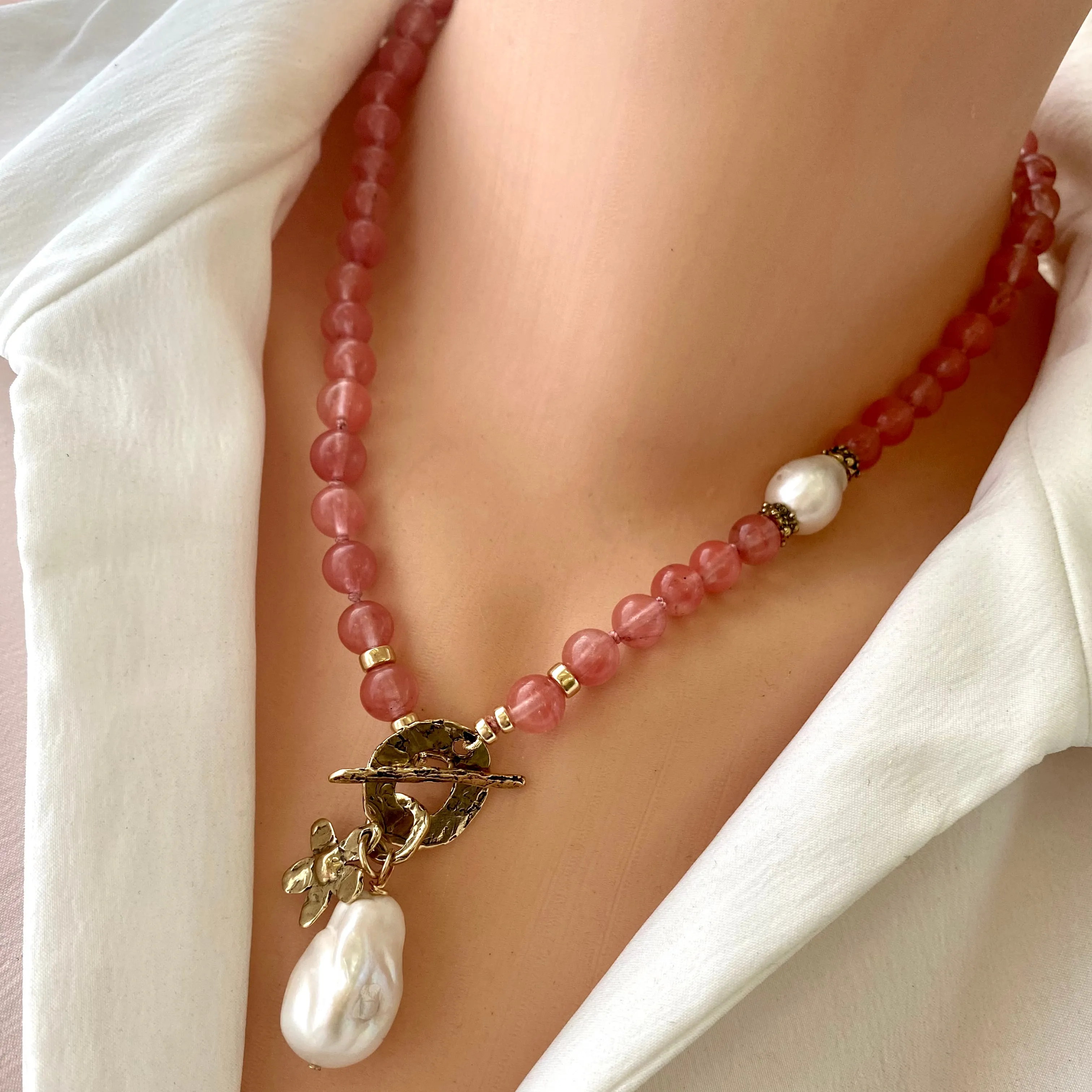 Hand Knotted Cherry Quartz & Baroque Pearls Necklace, Gold Bronze, 18.5in