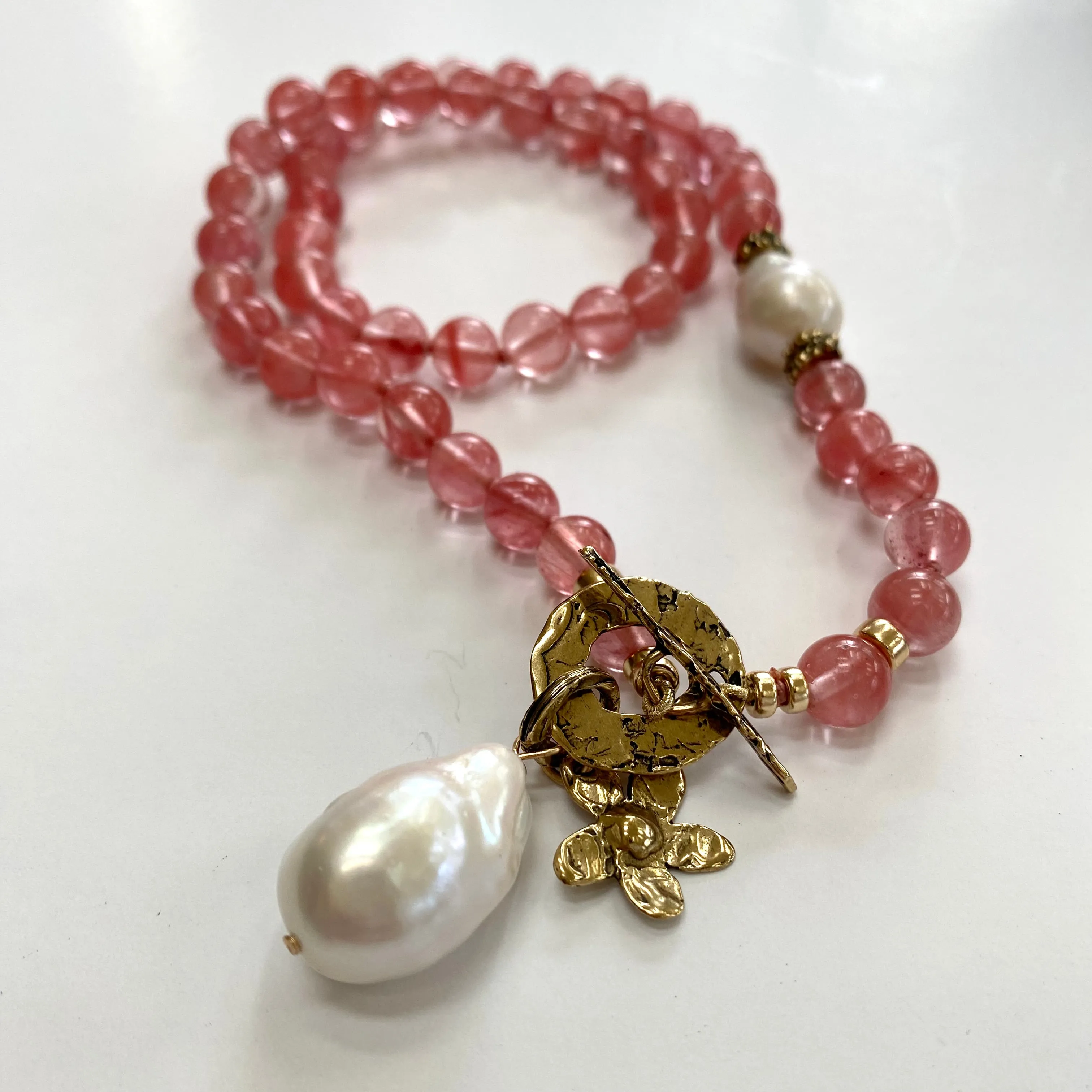 Hand Knotted Cherry Quartz & Baroque Pearls Necklace, Gold Bronze, 18.5in