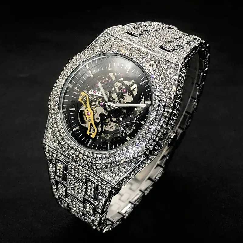 Iced Automatic Skeleton Watch in White Gold