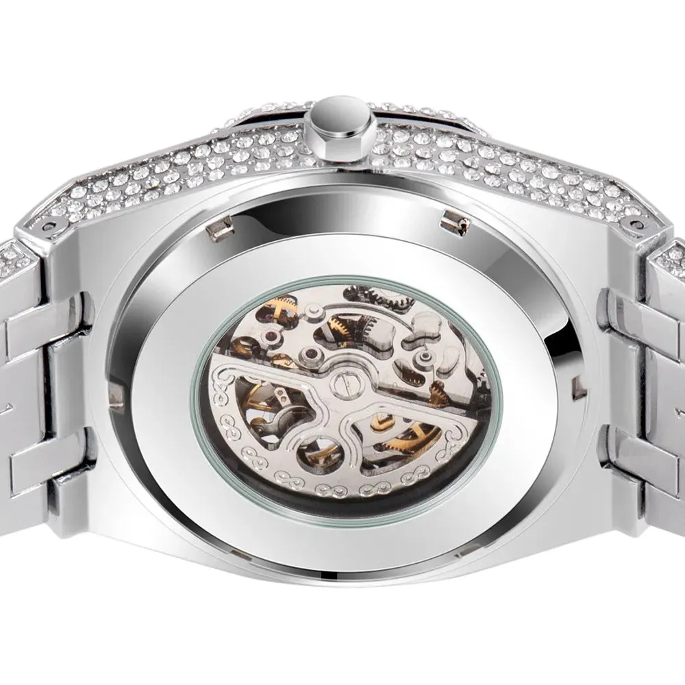 Iced Automatic Skeleton Watch in White Gold