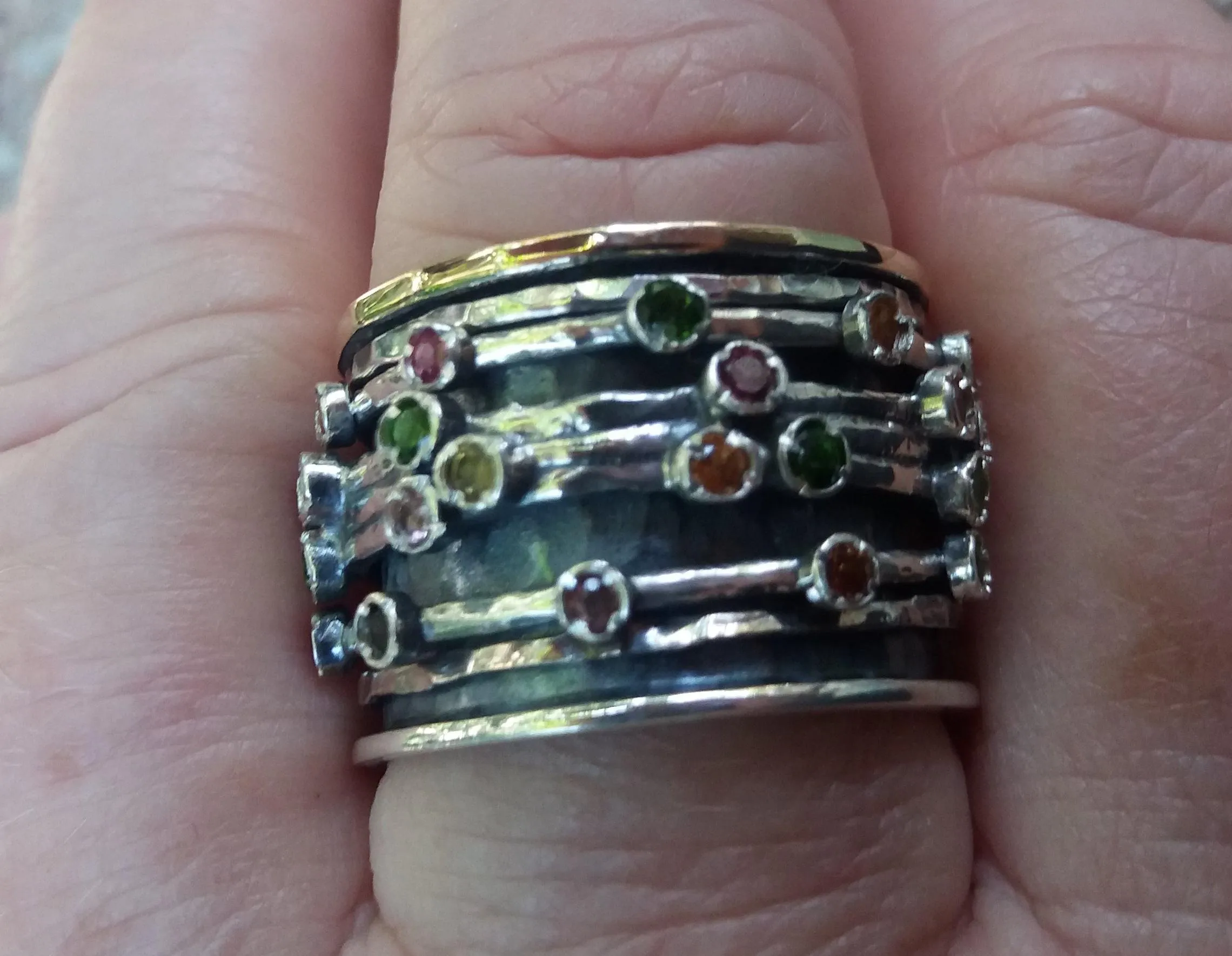 Israeli spinner rings Silver Gold and Tourmalines