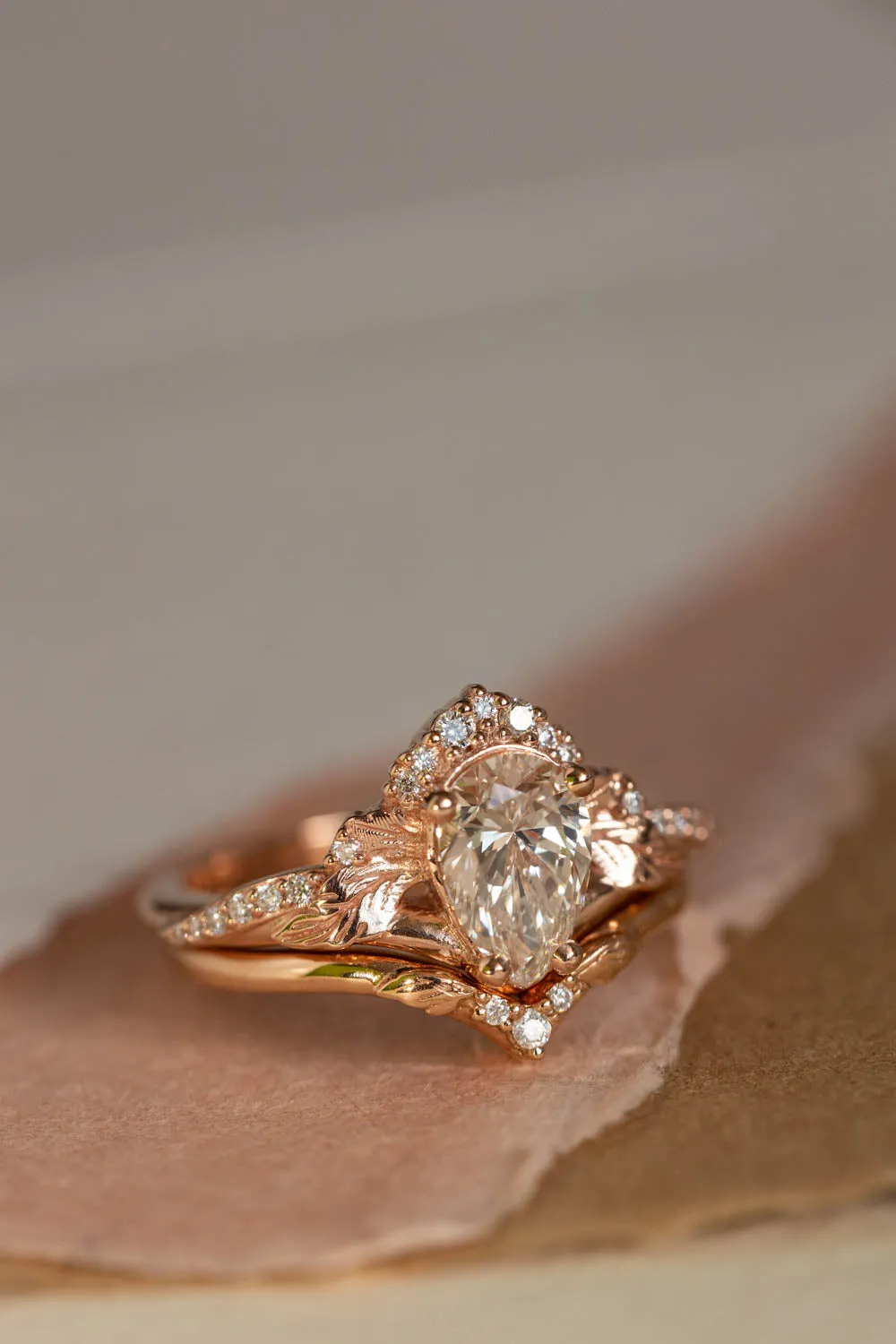 Lab grown diamond engagement ring set, rose gold leaves and diamonds crown bridal ring set / Amelia