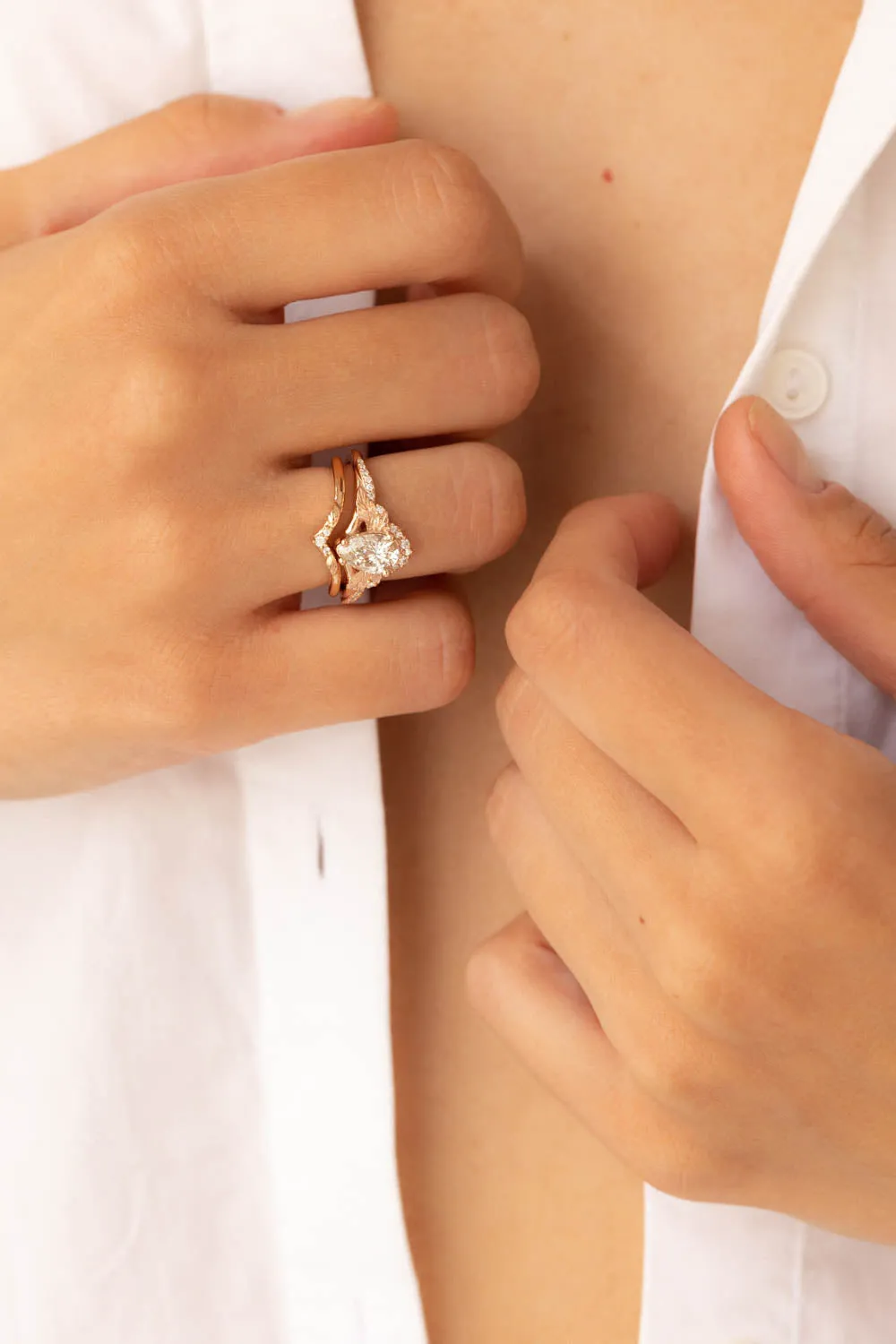 Lab grown diamond engagement ring set, rose gold leaves and diamonds crown bridal ring set / Amelia