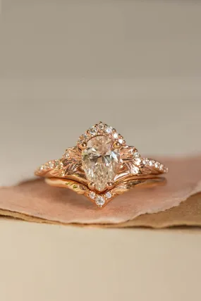 Lab grown diamond engagement ring set, rose gold leaves and diamonds crown bridal ring set / Amelia