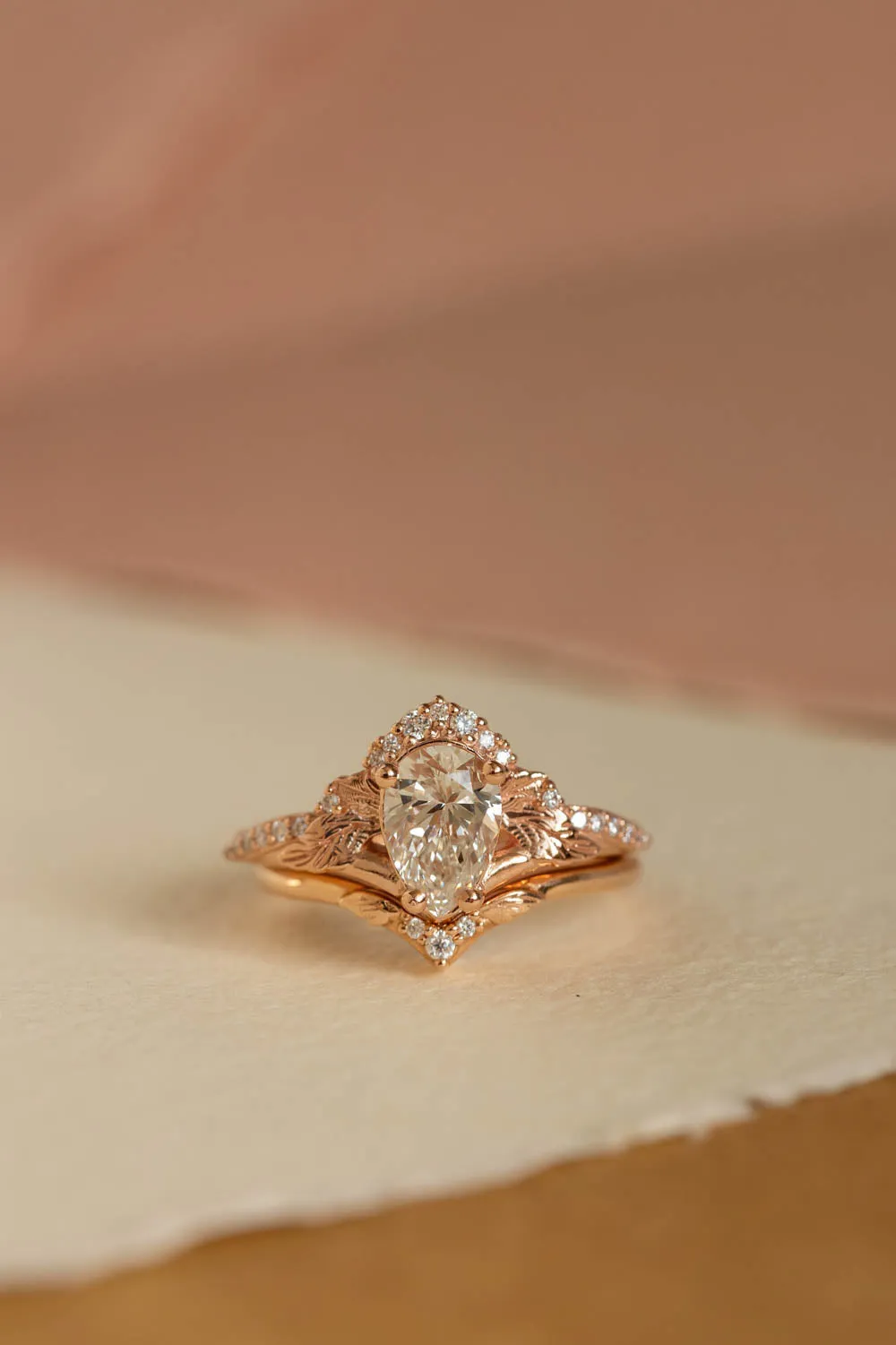 Lab grown diamond engagement ring set, rose gold leaves and diamonds crown bridal ring set / Amelia