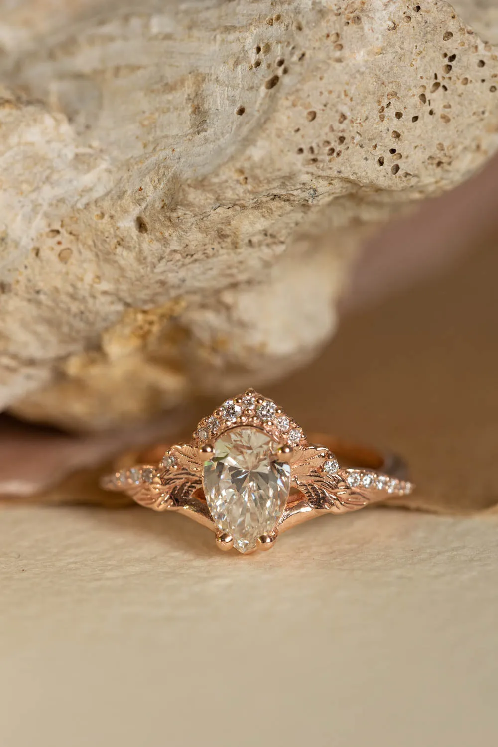 Lab grown diamond engagement ring set, rose gold leaves and diamonds crown bridal ring set / Amelia