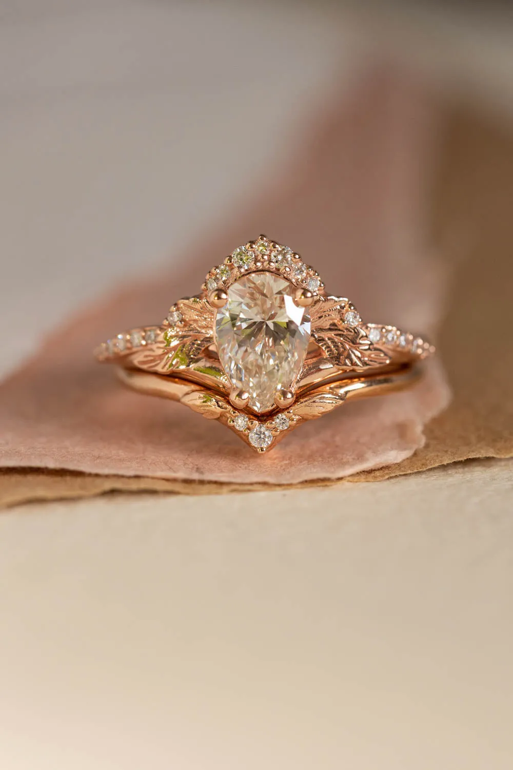 Lab grown diamond engagement ring set, rose gold leaves and diamonds crown bridal ring set / Amelia