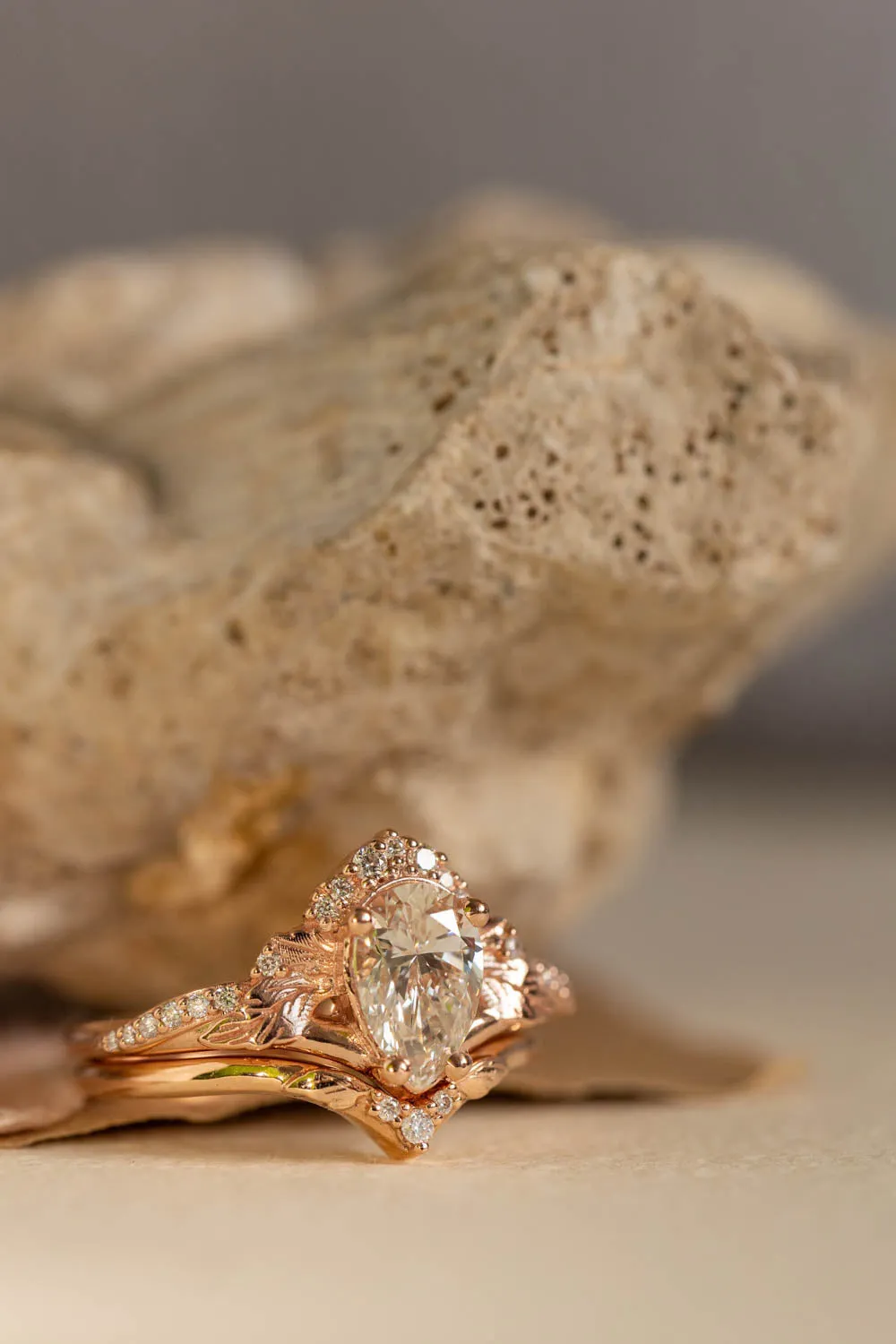 Lab grown diamond engagement ring set, rose gold leaves and diamonds crown bridal ring set / Amelia